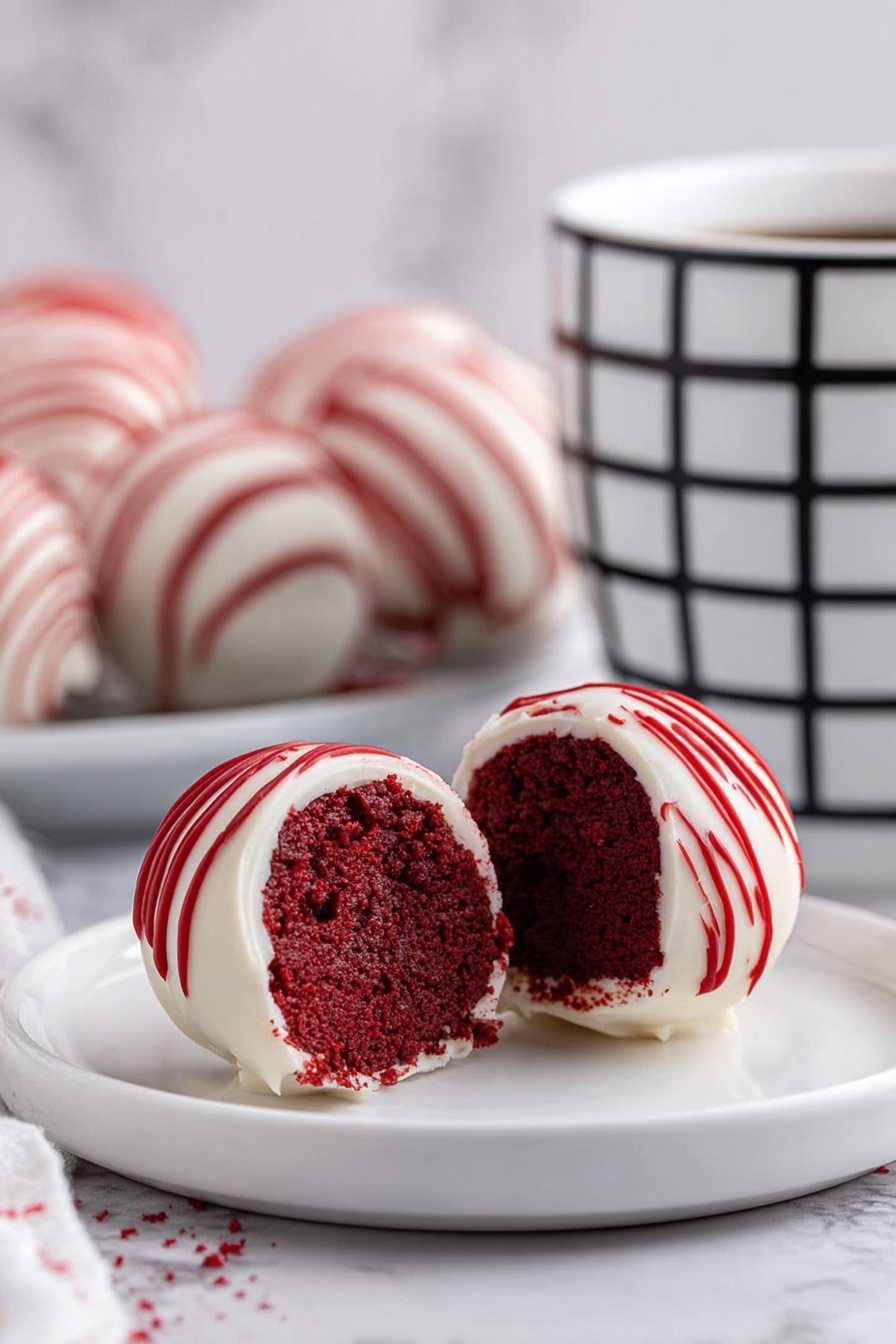 A clear glass bowl filled with thick, smooth white icing sits on a white marbled surface. In the center of the bowl sits a round red dough ball partially dipped into the icing. Nearby, two metal baking trays lined with parchment paper rest on the surface: one tray shows multiple red dough balls spaced evenly, while the other tray has a single white icing-covered dough ball resting on its paper. A white cloth with black stripes and a silver fork are placed on the lower left side of the surface. Photo taken with an iphone --ar 2:3 --v 7