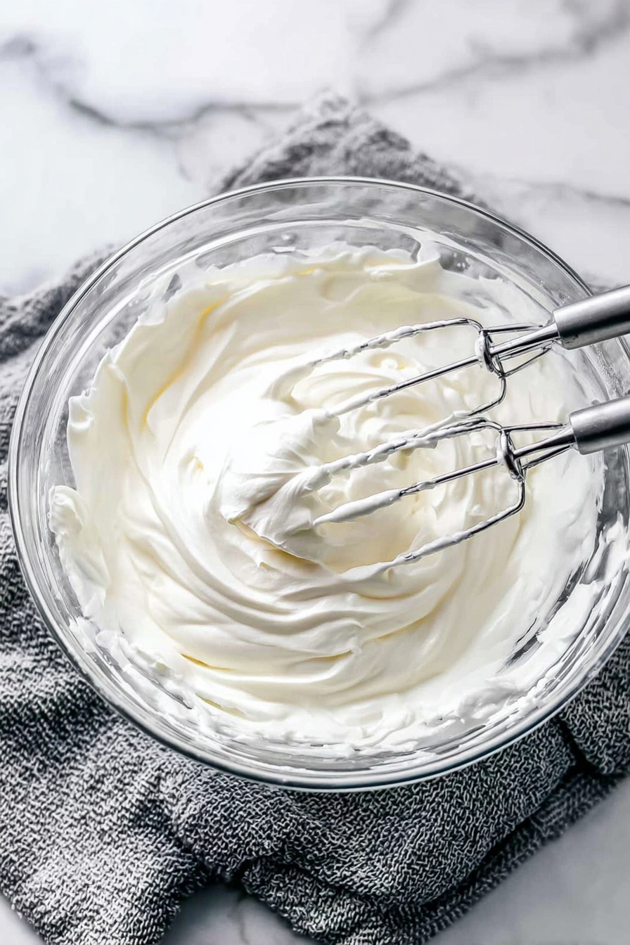 A woman's hand holding a small brown pretzel with salt spots, dipped halfway in a thick, light pink creamy layer with small visible bits, above a white bowl filled with the same creamy layer. On top of the creamy layer in the bowl, there is a shiny, bright red jelly layer with a slightly uneven texture and some chunks inside. The bowl is set on a white marbled surface. photo taken with an iphone --ar 2:3 --v 7