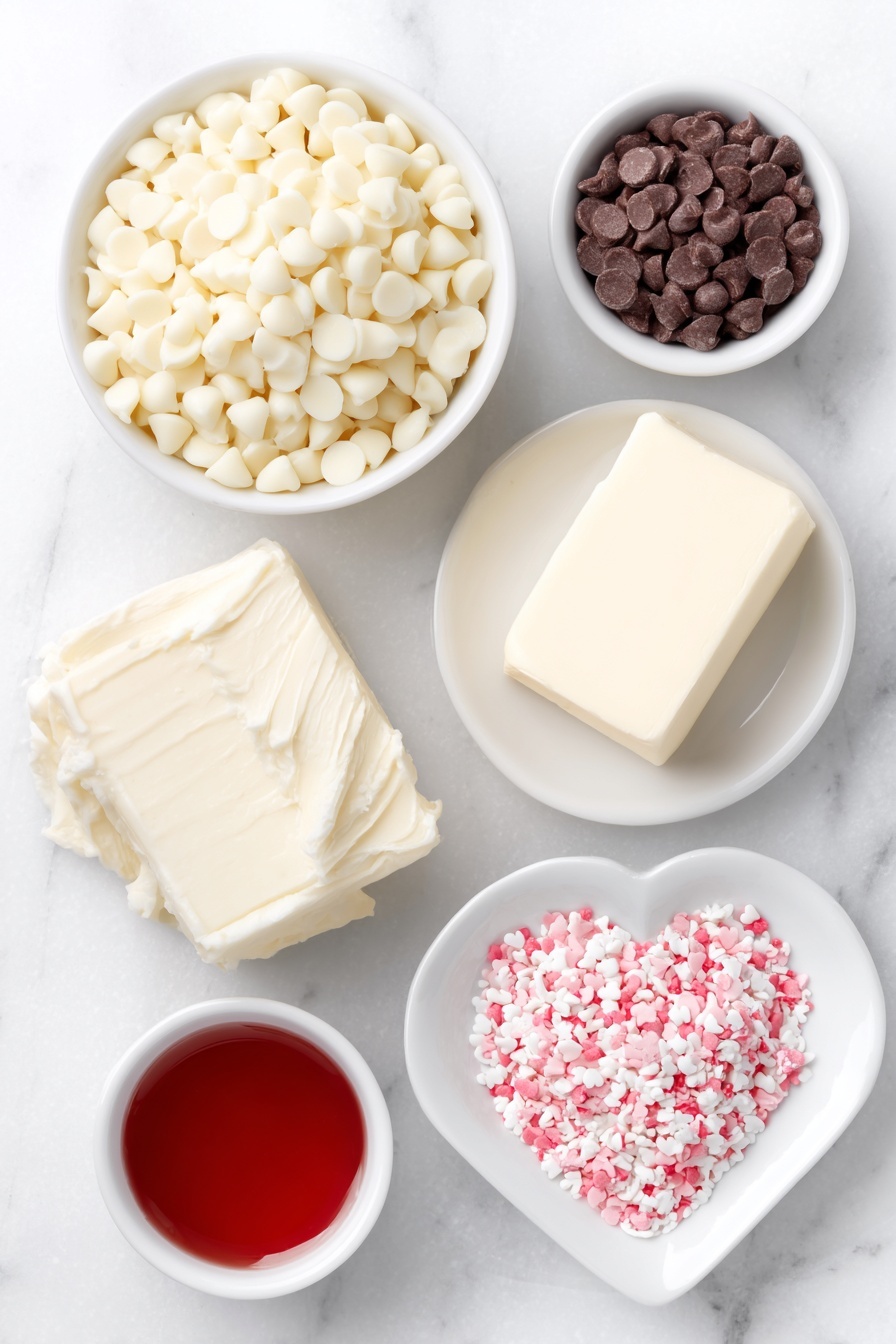 Flat lay of a small mound of smooth white chocolate chips, a small white ceramic bowl filled with glossy sweetened condensed milk, a chunk of unsalted butter on a white ceramic plate, a small white bowl containing vibrant red liquid food coloring, and a neat pile of colorful heart-shaped sprinkles on a white ceramic dish, all ingredients fresh and natural, perfectly arranged with balanced proportions and symmetry, placed on a clean white marble surface, soft natural light, photo taken with an iPhone, professional food photography style, fresh ingredients, white ceramic bowls, no bottles, no duplicates, no utensils, no packaging --ar 2:3 --v 7 --p m7354615311229779997