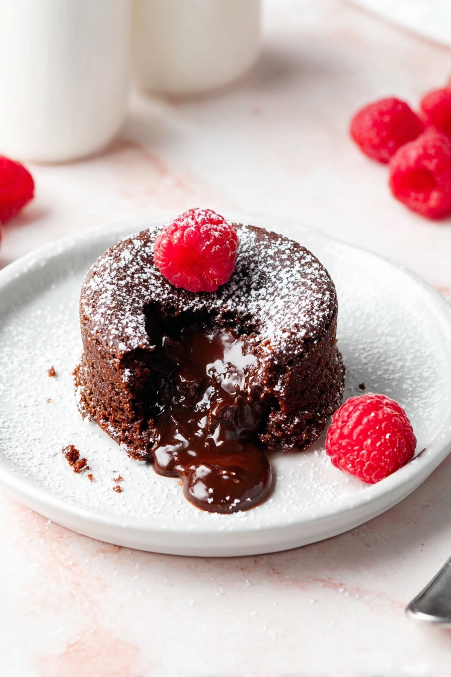 A small round chocolate cake sits in the middle of a white plate with a smooth surface. The cake has a dark brown color with a soft texture on the outside and a rich, melted chocolate center oozing out from a bite taken at the front. The top of the cake is dusted with a light layer of white powdered sugar and has a single bright red raspberry placed on it. Two more red raspberries rest on the plate, one near the cake and the other at the edge. The plate is set on a white marbled surface, and in the background, parts of white bottles and more raspberries are visible. photo taken with an iphone --ar 2:3 --v 7