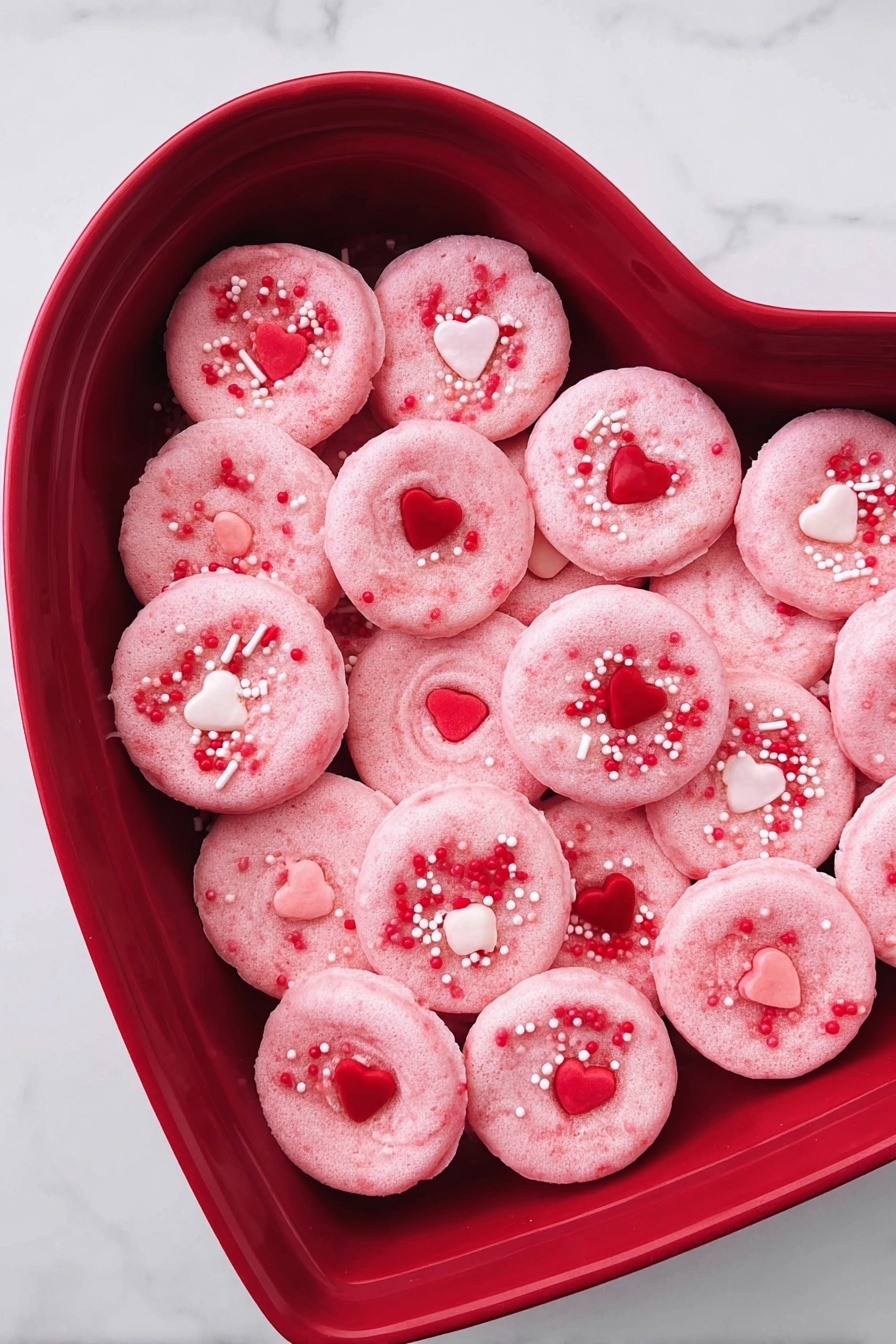 A heart-shaped red pan is filled with many small round pink cookies tightly placed together. Each cookie has a soft texture and is decorated with small toppings like red and white heart candies or tiny red and white round sprinkles scattered on top. The pan sits on a white marbled surface. photo taken with an iphone --ar 2:3 --v 7