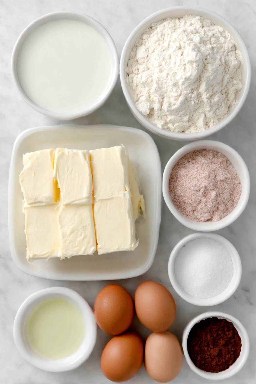 Flat lay of a small white ceramic bowl of water, a small white ceramic bowl of bread flour, a simple white ceramic bowl with pale pink freeze-dried strawberry powder, a cluster of three whole large brown eggs with clean uncracked shells, a small white ceramic bowl of whole milk, several tablespoons of unsalted butter in a neat stack, a small white ceramic bowl of granulated sugar, a small white ceramic bowl of powdered sugar, a small white ceramic bowl of neutral cooking oil, and a few whole freeze-dried strawberries all arranged in perfect symmetry, fresh and natural, placed on a clean white marble surface, soft natural light, photo taken with an iPhone, professional food photography style, fresh ingredients, white ceramic bowls, no bottles, no duplicates, no utensils, no packaging --ar 2:3 --v 7 --p m7354615311229779997