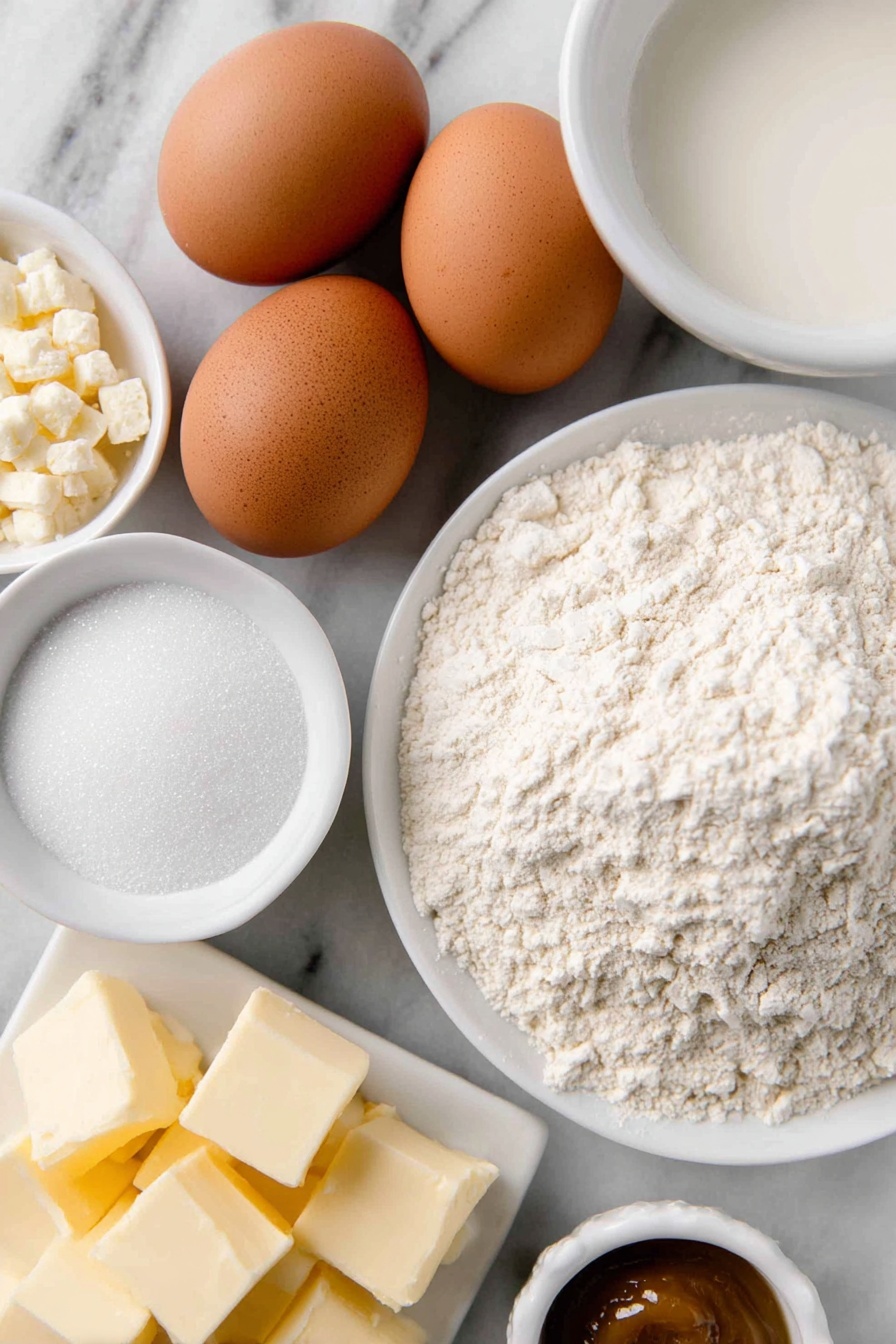 Flat lay of two whole brown eggs with clean shells, a small white ceramic bowl of whole milk, a small white ceramic bowl filled with fine white granulated sugar, a few cubes of unsalted butter on a simple white ceramic dish, a small white ceramic bowl containing fine pale yellow cornstarch powder, a small white ceramic bowl with smooth golden vanilla bean paste, a small white ceramic bowl of fine white baking powder, a neat pile of all-purpose flour on a white ceramic plate, all ingredients fresh and natural, arranged with perfect symmetry, placed on a clean white marble surface, soft natural light, photo taken with an iPhone, professional food photography style, fresh ingredients, white ceramic bowls, no bottles, no duplicates, no utensils, no packaging --ar 2:3 --v 7 --p m7354615311229779997