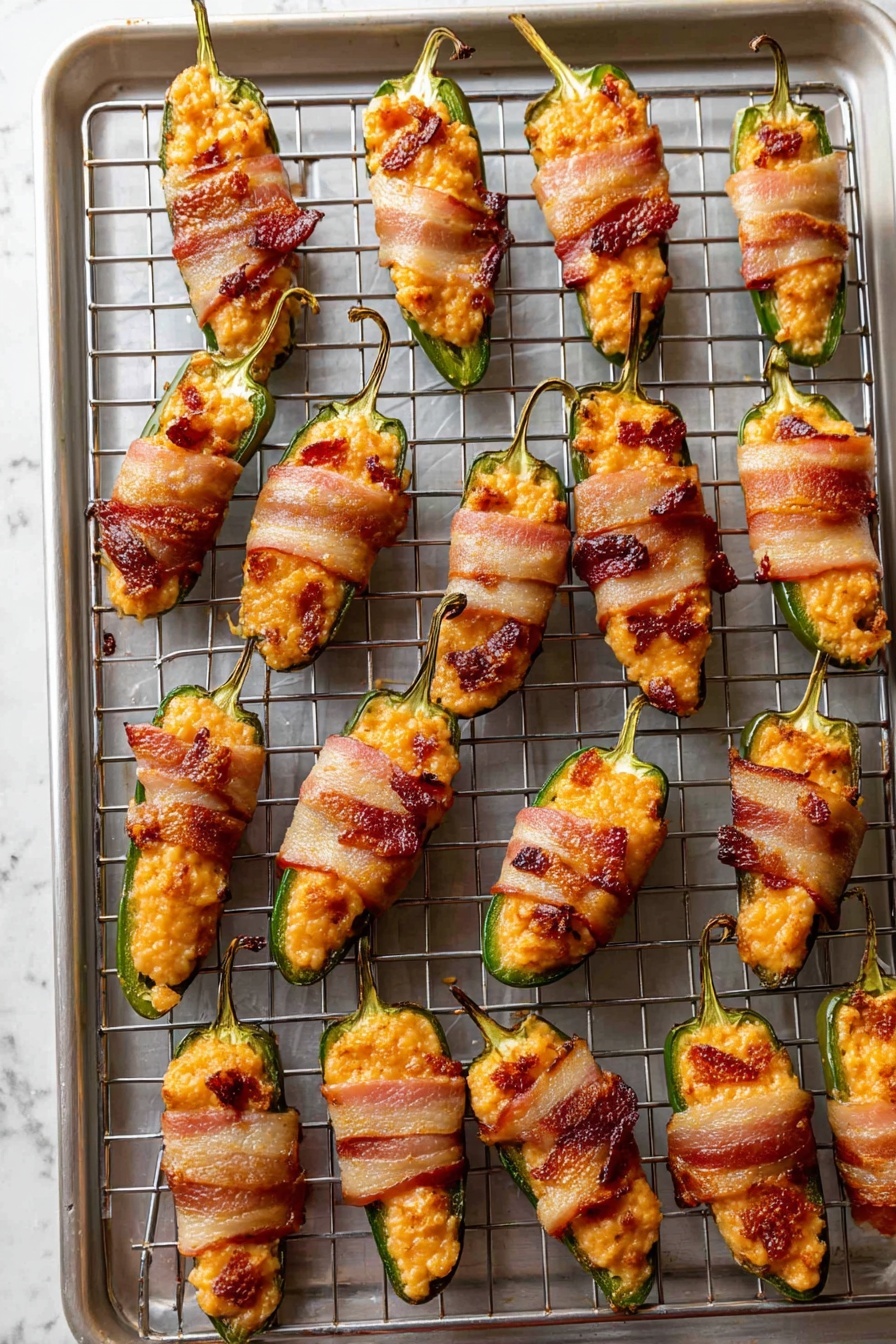 This image shows about twenty small green jalapeño peppers, each sliced in half lengthwise and filled with a smooth, orange cheese mixture. Each stuffed pepper is wrapped with a strip of light pink bacon secured by a wooden toothpick, showing some browned, crispy edges on the bacon. The peppers are arranged neatly in rows on a silver wire cooling rack, which sits on a silver baking tray. The surface underneath the tray is a white marbled texture. The lighting highlights the glistening cheese and slightly shiny bacon, making the peppers look freshly baked and tasty photo taken with an iphone --ar 2:3 --v 7