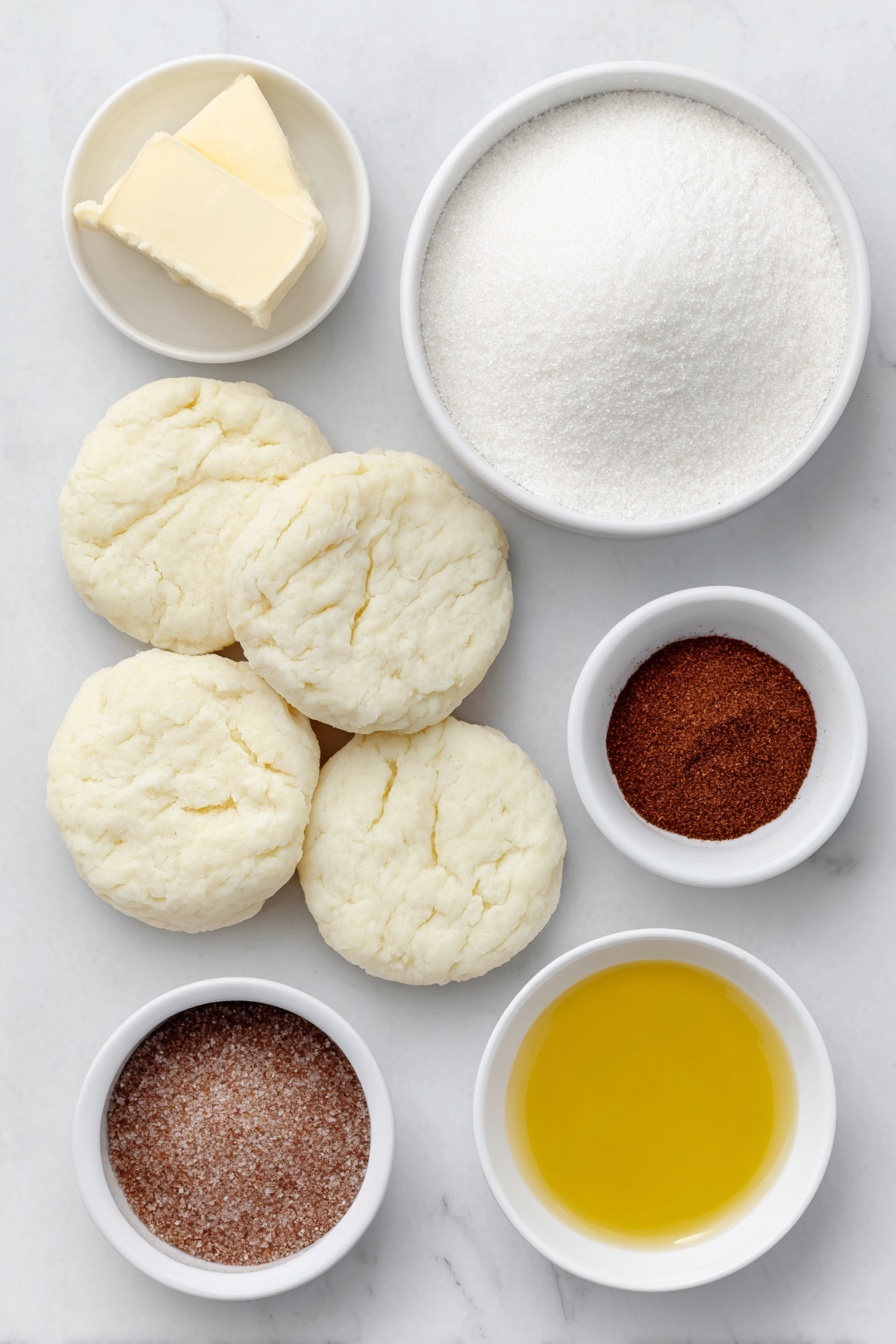 Flat lay of one can of flaky biscuit dough opened to show several separate round biscuits, a small white ceramic bowl filled with granulated sugar, a small white ceramic bowl containing ground cinnamon, a small white ceramic bowl of melted butter with a golden sheen, all arranged symmetrically and spaced evenly, placed on a clean white marble surface, soft natural light, photo taken with an iPhone, professional food photography style, fresh ingredients, white ceramic bowls, no bottles, no duplicates, no utensils, no packaging --ar 2:3 --v 7 --p m7354615311229779997