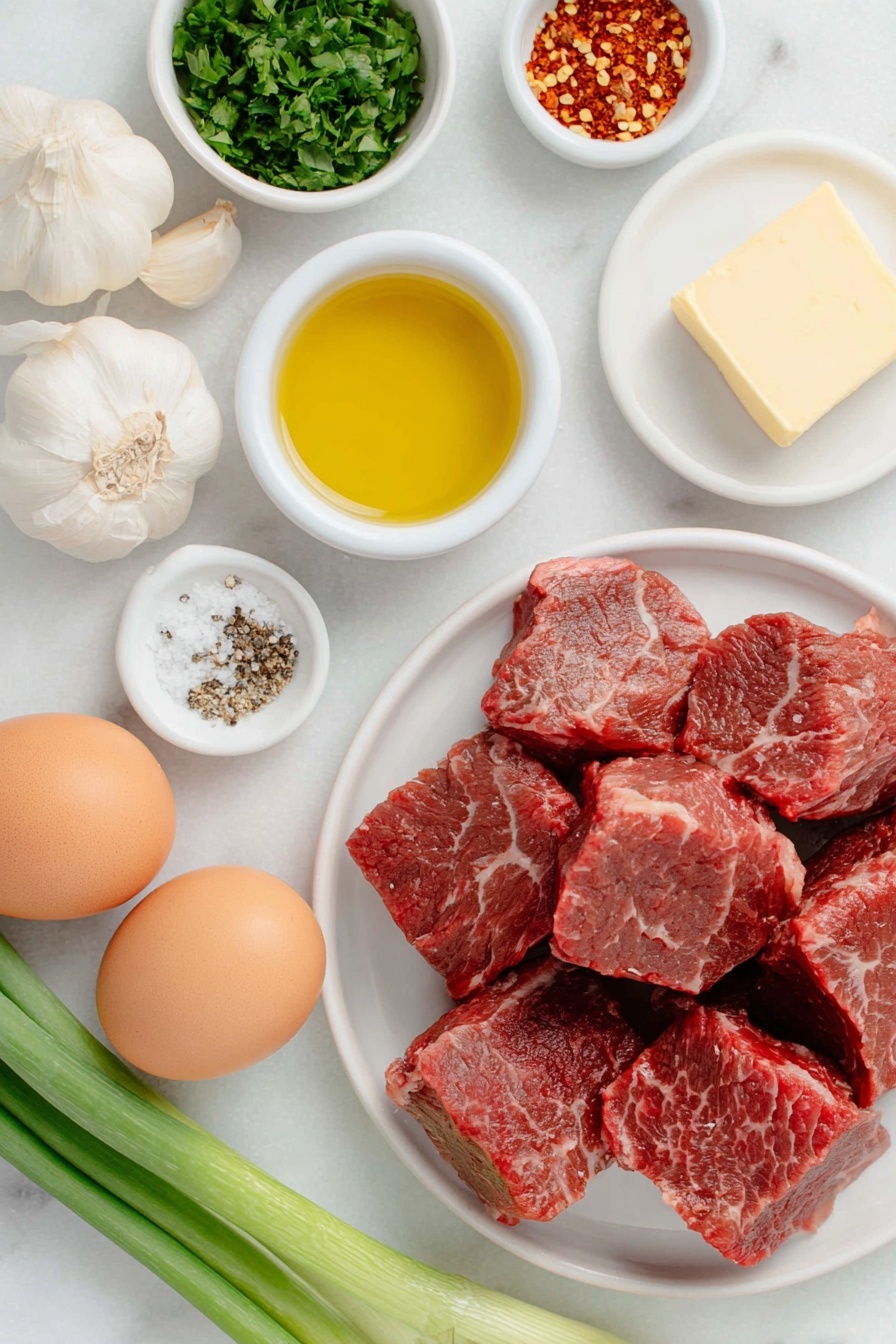 Flat lay of two pounds of raw steak cut into bite-sized pieces on a simple white ceramic plate, six fresh garlic cloves peeled and whole in a small white bowl, a few sprigs of bright green parsley loosely chopped on a white ceramic dish, two whole uncracked brown eggs placed nearby, a small white bowl filled with golden avocado oil, a small white bowl containing coarse salt, another small white bowl with freshly ground black pepper, a small white bowl holding vibrant red pepper flakes, a few whole green onions with bright green stalks arranged neatly on a white ceramic plate, and a small square of creamy butter on a white ceramic saucer, all ingredients fresh and natural, perfectly arranged with balanced symmetry, placed on a clean white marble surface, soft natural light, photo taken with an iPhone, professional food photography style, fresh ingredients, white ceramic bowls, no bottles, no duplicates, no utensils, no packaging --ar 2:3 --v 7 --p m7354615311229779997