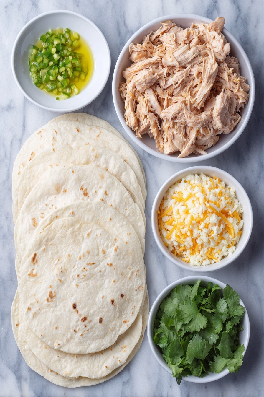 Flat lay of a small white ceramic bowl of bright green diced green chilies, a small white ceramic bowl of golden olive oil, a handful of fresh cilantro sprigs with vibrant green leaves, a small white ceramic bowl filled with shredded pepper jack cheese with white and orange specks, a stack of soft six-inch flour tortillas fanned out, a mound of cooked shredded rotisserie chicken with natural warm tones, and a small white ceramic bowl of finely minced pale yellow onion placed on a clean white marble surface, soft natural light, photo taken with an iPhone, professional food photography style, fresh ingredients, white ceramic bowls, no bottles, no duplicates, no utensils, no packaging --ar 2:3 --v 7 --p m7354615311229779997