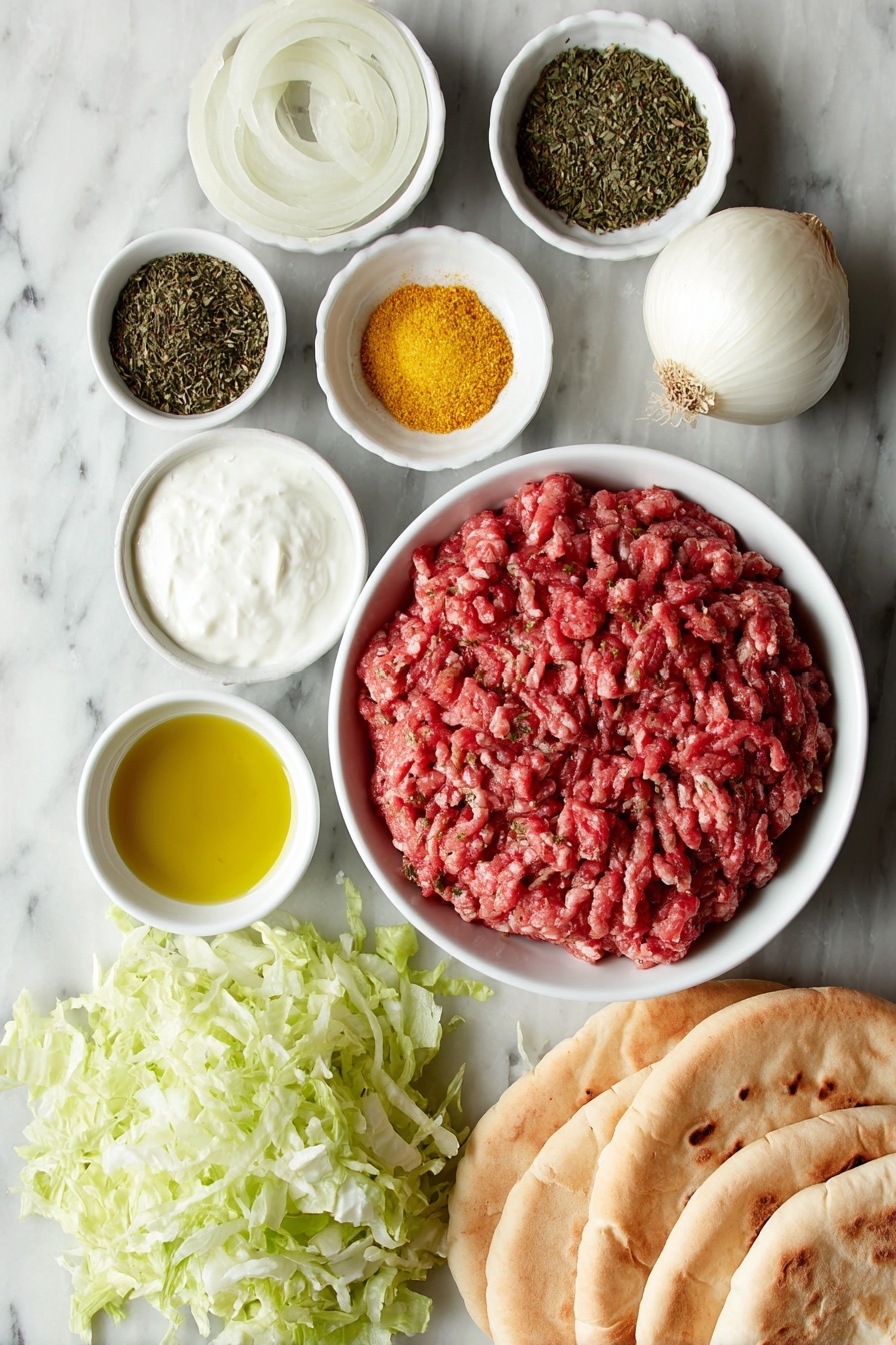 Flat lay of fresh lamb mince in a simple white ceramic bowl, three whole garlic cloves with smooth white skins, a small white bowl of bright red sweet paprika powder, a small white bowl of fine yellow mustard powder, a small white bowl of dried green oregano leaves, a small white bowl of golden curry powder, a small white bowl of coarse kosher salt, a small white bowl of freshly ground black pepper, a small white bowl of vibrant green olive oil, a small white bowl of creamy plain Greek yogurt, a small white bowl of smooth whole-egg mayonnaise, a small white bowl of extra virgin olive oil, a small white bowl of bright yellow American mustard, a small white bowl of finely textured garlic powder, four whole uncut ripe red tomatoes halved and quartered, half a fresh red onion cut into thin slices, a neat pile of finely shredded iceberg lettuce, and four warm golden Greek pita breads arranged neatly, placed on a clean white marble surface, soft natural light, photo taken with an iPhone, professional food photography style, fresh ingredients, white ceramic bowls, no bottles, no duplicates, no utensils, no packaging --ar 2:3 --v 7 --p m7354615311229779997