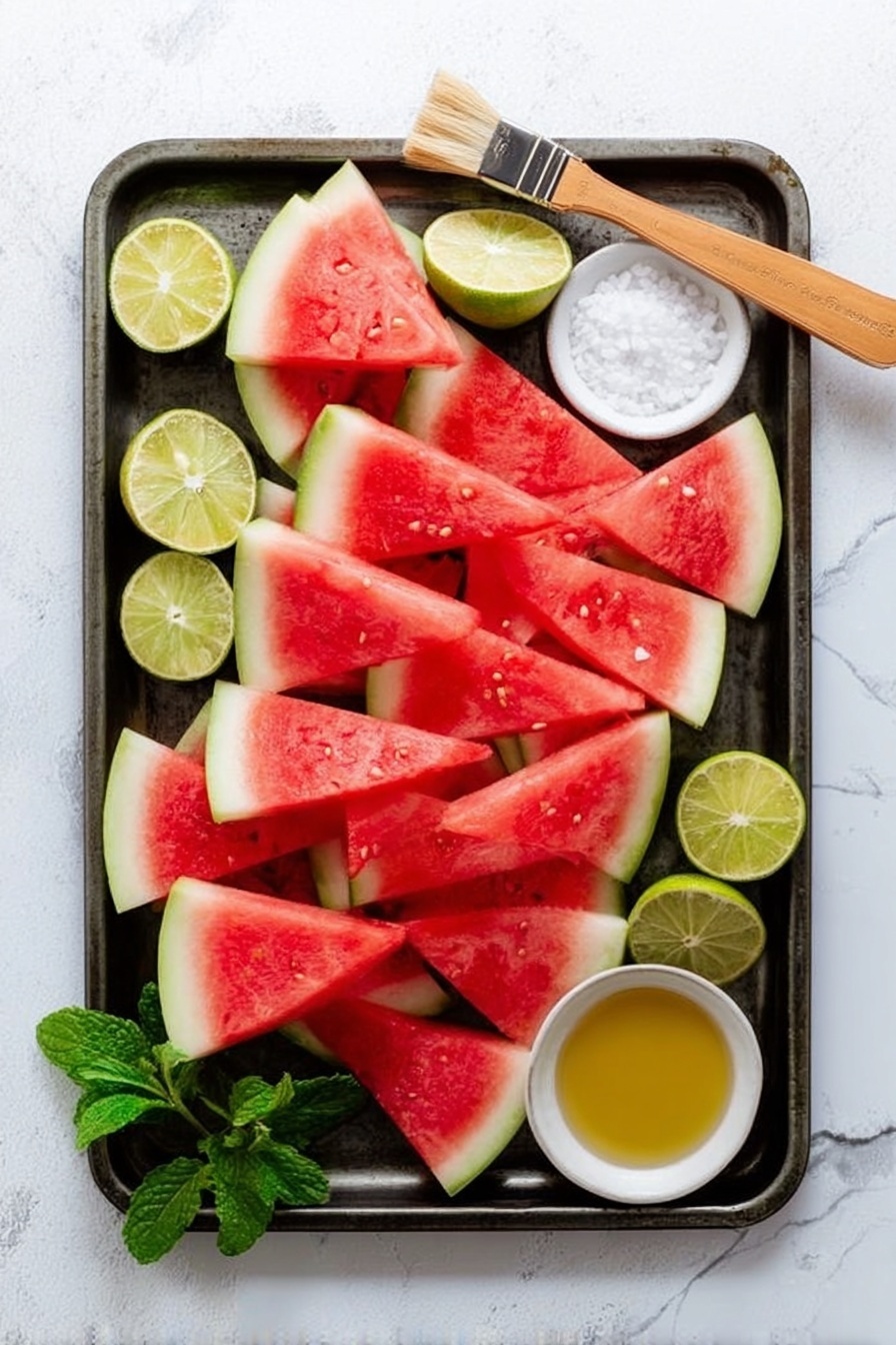 The dish features several triangular slices of grilled watermelon with char marks on the red flesh and a thick green rind, arranged on a white textured oval plate. The watermelon slices are topped with small white crumbles of cheese and thin strips of fresh green herbs. Around and on top of the watermelon are scattered fresh blackberries and blueberries, adding deep purple and blue tones. Lime wedges with bright green skin and light yellow flesh are placed around the plate, along with a few sprigs of fresh mint leaves. The plate sits on a white marbled surface with a soft, white woven cloth partially visible, and a small wooden bowl of coarse salt is nearby. photo taken with an iphone --ar 2:3 --v 7