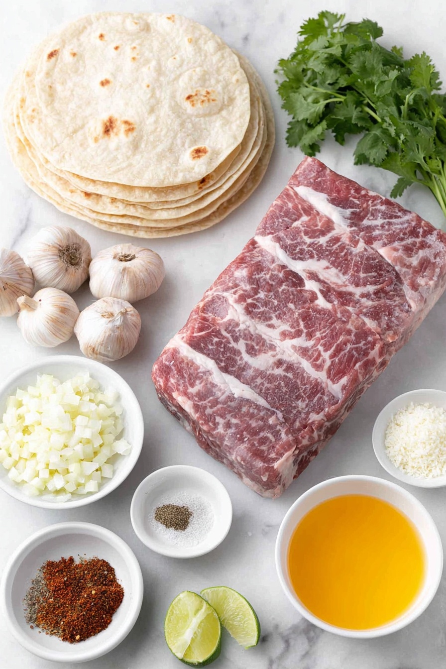 Flat lay of a fresh green jalapeño pepper, four whole brown garlic cloves with papery skins, a small bunch of bright green cilantro sprigs, a small white ceramic bowl of golden olive oil, a small white bowl filled with bright orange fresh orange juice, a small white bowl with pale green lime juice, a small white bowl of clear white wine vinegar, a scattering of coarse kosher salt crystals, a heap of mixed red and dark brown chili powders in a small white bowl, ground cumin and dried oregano displayed as small mounds on a white ceramic plate, a small white bowl containing finely ground black pepper, a raw skirt steak with marbled fat trimmed, sixteen stacked soft yellow corn tortillas on a simple white ceramic plate, a small pile of finely diced white onion, a small bunch of chopped fresh cilantro, a small mound of crumbly white cotija cheese, and fresh lime wedges arranged neatly—all ingredients fresh and natural, perfect symmetry and balanced layout, placed on a clean white marble surface, soft natural light, photo taken with an iPhone, professional food photography style, fresh ingredients, white ceramic bowls, no bottles, no duplicates, no utensils, no packaging --ar 2:3 --v 7 --p m7354615311229779997