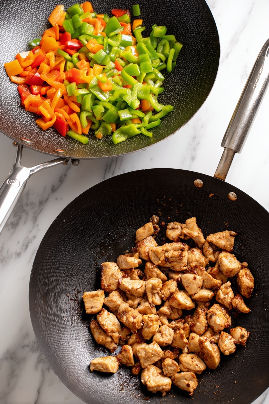 This image shows a white plate with two main layers. One side has plain white rice, soft and fluffy. The other side has a thick stir-fry of dark brown crispy pieces, likely meat, mixed with bright green and orange bell peppers cut into chunks, and whole dried red chilies. The stir-fry looks glossy with sauce and small pieces of spices, and a silver fork rests on the plate near the food. The plate is on a white marbled surface with some dried red chili pieces scattered around. photo taken with an iphone --ar 2:3 --v 7