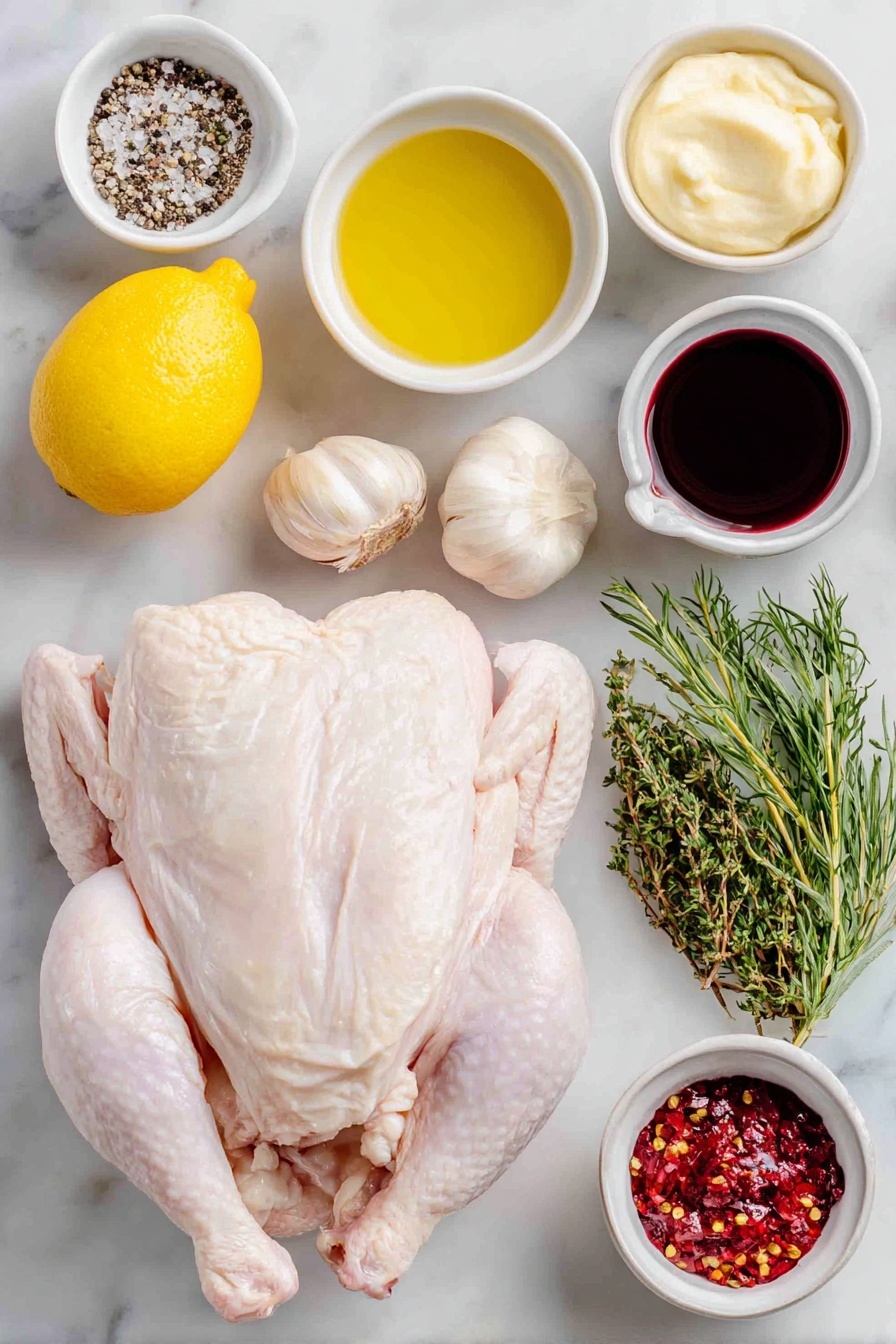 Flat lay of a whole raw chicken with giblets removed, a whole fresh lemon cut into quarters, four peeled garlic cloves, a small white ceramic bowl of golden olive oil, a small white ceramic bowl of smooth pale Dijon mustard, a small white ceramic bowl of deep red wine vinegar, a small white ceramic bowl of bright red Aleppo pepper, a small white ceramic bowl of chopped fresh green dill, a small bunch of fresh oregano leaves, a few pinches of coarse kosher salt scattered neatly, and a small white ceramic bowl of ground black pepper, all arranged in perfect symmetry on a clean white marble surface, soft natural light, photo taken with an iPhone, professional food photography style, fresh ingredients, white ceramic bowls, no bottles, no duplicates, no utensils, no packaging --ar 2:3 --v 7 --p m7354615311229779997