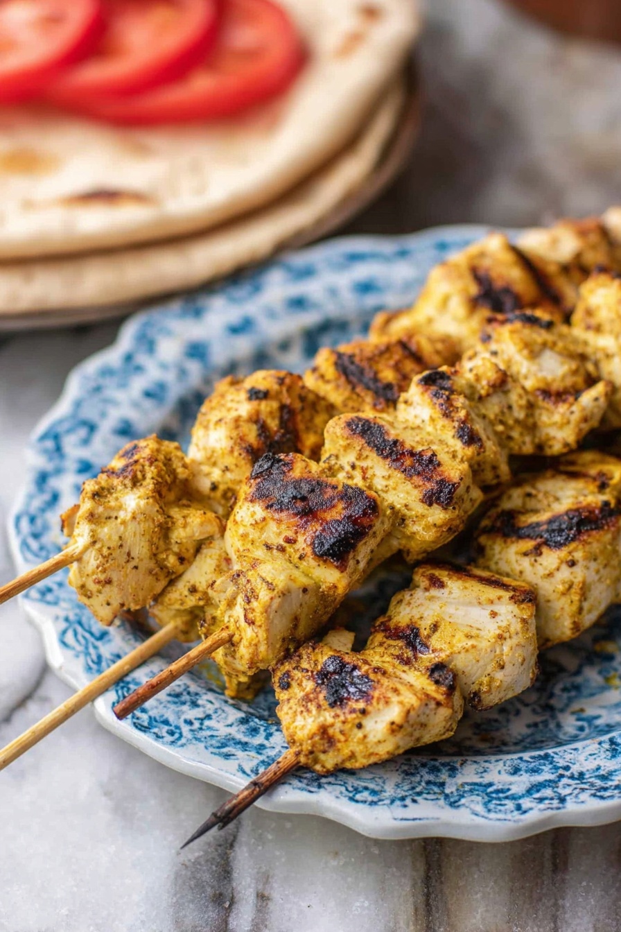 Two wooden skewers hold chunks of grilled chicken with a yellowish seasoning that has darker brown grill marks on the edges. The skewers rest on a blue patterned white plate with a slightly scalloped edge. In the background, there are some red slices of tomato and a stack of light-colored flatbread. The whole scene is set on a white marbled textured surface. photo taken with an iphone --ar 2:3 --v 7