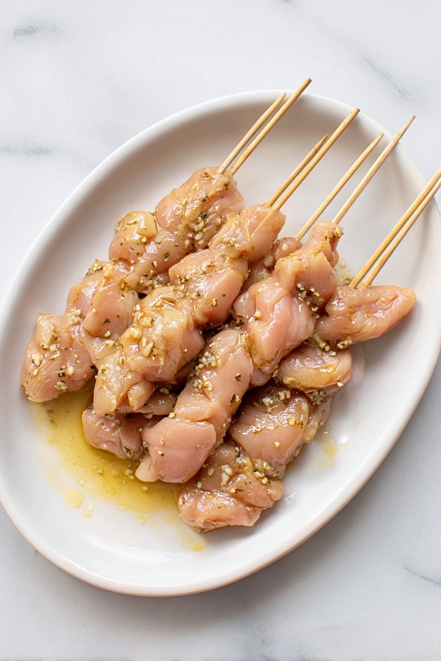 The image shows a white plate with a blue floral pattern filled with six grilled skewers of golden-brown chicken, each skewer holding about four to five pieces with visible char marks. To the upper left of the chicken, there are thin slices of white onion, glossy black olives at the top center, and several bright red tomato wedges on the upper right side. The plate is placed on a wooden surface. photo taken with an iphone --ar 2:3 --v 7
