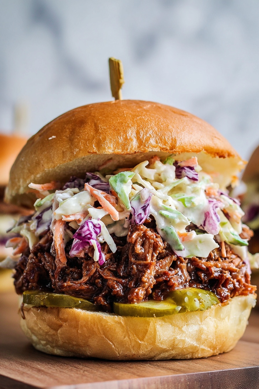 A close-up of a sandwich on a white toasted bun, showing three main layers. The bottom layer has bright green pickle slices on the bun. The middle layer is a thick, dark brown portion of shredded meat with a moist texture. The top layer is creamy coleslaw with creamy white dressing and pieces of purple cabbage, green cabbage, and carrot shreds. A small wooden skewer holds the sandwich together from above. The sandwich sits on a wood surface with a white marbled texture background blurred behind. Photo taken with an iphone --ar 2:3 --v 7
