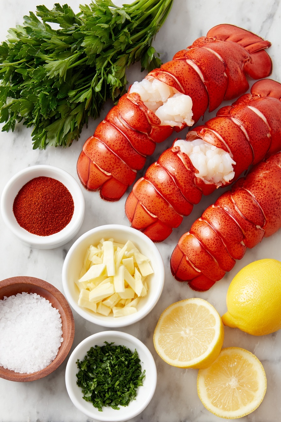 Flat lay of four fresh lobster tails with bright red shells and exposed white meat, small white ceramic bowls containing vibrant red paprika powder, coarse kosher salt crystals, golden melted butter, finely chopped bright green parsley, grated fresh garlic cloves, lemon zest strips, and whole uncut lemons halved to show juicy yellow flesh, arranged symmetrically and balanced, placed on a clean white marble surface, soft natural light, photo taken with an iPhone, professional food photography style, fresh ingredients, white ceramic bowls, no bottles, no duplicates, no utensils, no packaging --ar 2:3 --v 7 --p m7354615311229779997