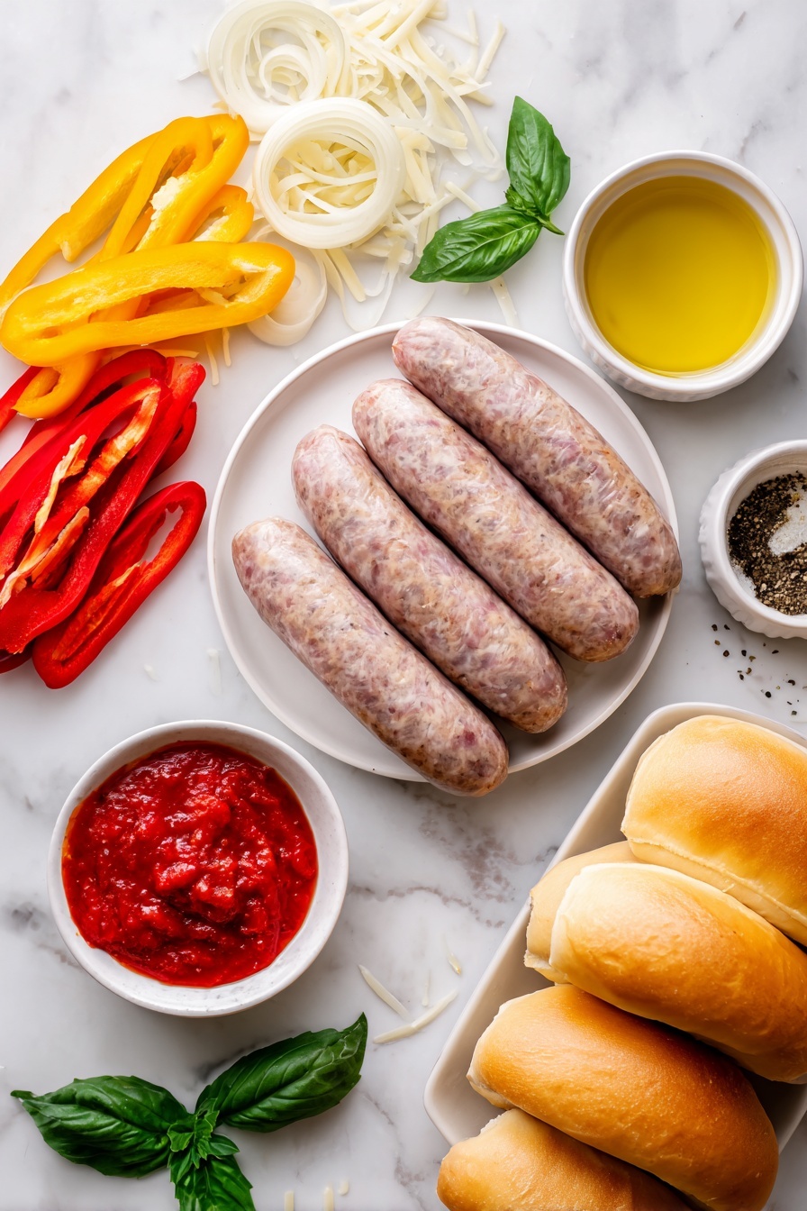 Flat lay of four fresh Italian sausages with natural casings, a small pile of thinly sliced red bell pepper strips, a small pile of thinly sliced yellow bell pepper strips, a small pile of thinly sliced yellow onion rings, a small white ceramic bowl with golden olive oil, a small white ceramic bowl of bright red marinara sauce, a small handful of shredded mozzarella cheese on a white plate, four soft golden buns arranged neatly, and a few sprigs of fresh green basil leaves, all placed on a clean white marble surface, soft natural light, photo taken with an iPhone, professional food photography style, fresh ingredients, white ceramic bowls, no bottles, no duplicates, no utensils, no packaging --ar 2:3 --v 7 --p m7354615311229779997