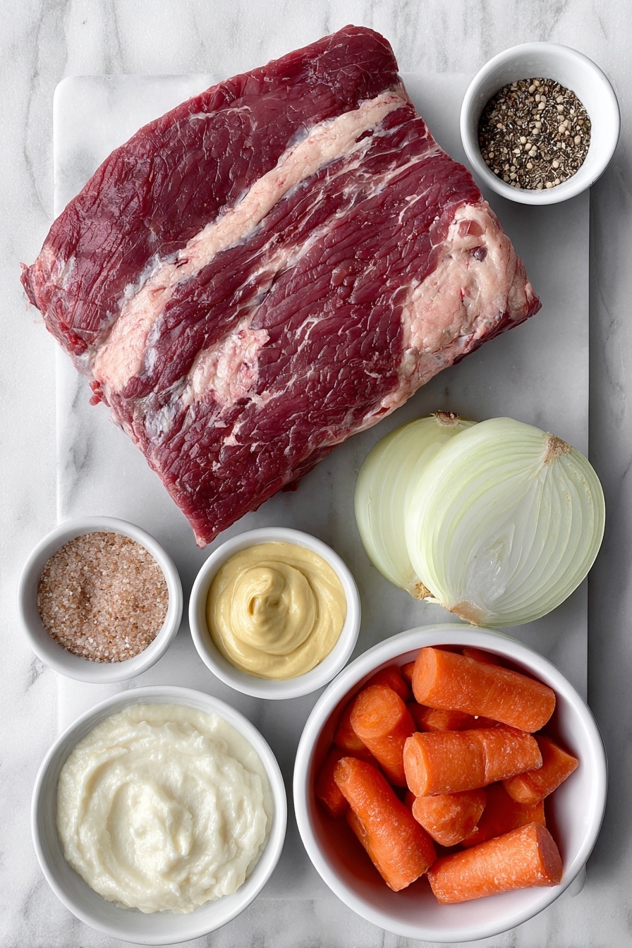 Flat lay of a whole raw corned beef brisket with a thick fat cap, fresh peeled orange carrots cut into chunky pieces, a medium yellow onion sliced into wedges, a small white ceramic bowl of coarse pickling spice with visible mustard seeds and peppercorns, a small white bowl filled with brown sugar crystals, another small white bowl containing smooth pale yellow Dijon mustard, a small white bowl with whole grain mustard showing visible mustard seeds, and a small white bowl of creamy white prepared horseradish, all ingredients fresh and natural, arranged symmetrically with balanced spacing, placed on a clean white marble surface, soft natural light, photo taken with an iPhone, professional food photography style, fresh ingredients, white ceramic bowls, no bottles, no duplicates, no utensils, no packaging --ar 2:3 --v 7 --p m7354615311229779997