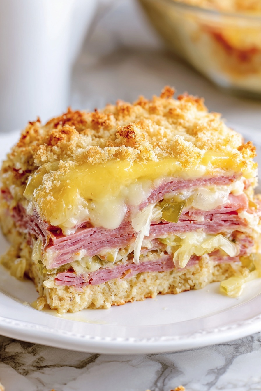 The image shows a thick slice of layered casserole served on a white plate placed on a white marbled surface. The bottom layer is a firm, textured crust, light beige in color. Above the crust are several layers of thin, pink slices resembling ham, interspersed with creamy, pale yellow cheese that looks melted. Mixed into the cheese are bits of light green pickles and shreds of white cabbage or sauerkraut. The top layer is smooth, golden yellow melted cheese covered with a crumbly, light brown topping. The overall texture looks soft with a crunchy crust and topping, and the layers are distinct and well packed together. Photo taken with an iphone --ar 2:3 --v 7