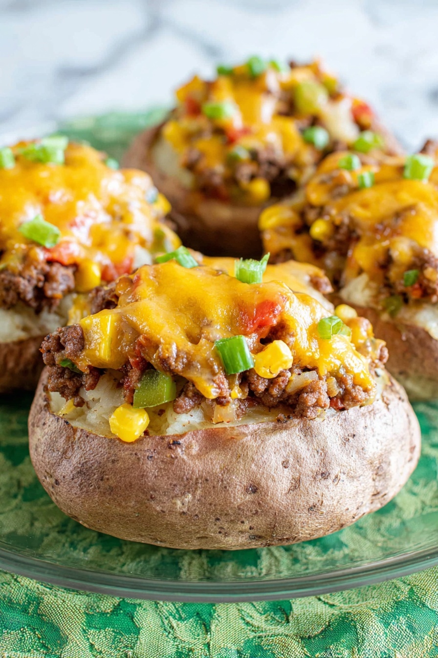 The image shows three baked potatoes on a clear glass dish, placed on a white marbled surface with a green patterned cloth underneath. Each potato has a thick, light brown skin and is opened at the top. Inside, there is a layer of fluffy potato flesh, topped with a mix of ground beef, small diced green bell peppers, yellow corn kernels, and bits of red tomatoes. The top layer is melted cheddar cheese, bright yellow-orange, covering the filling and slightly dripping over the edges. The overall look is warm and hearty, with a mix of colors from the vegetables and cheese blending together. photo taken with an iphone --ar 2:3 --v 7