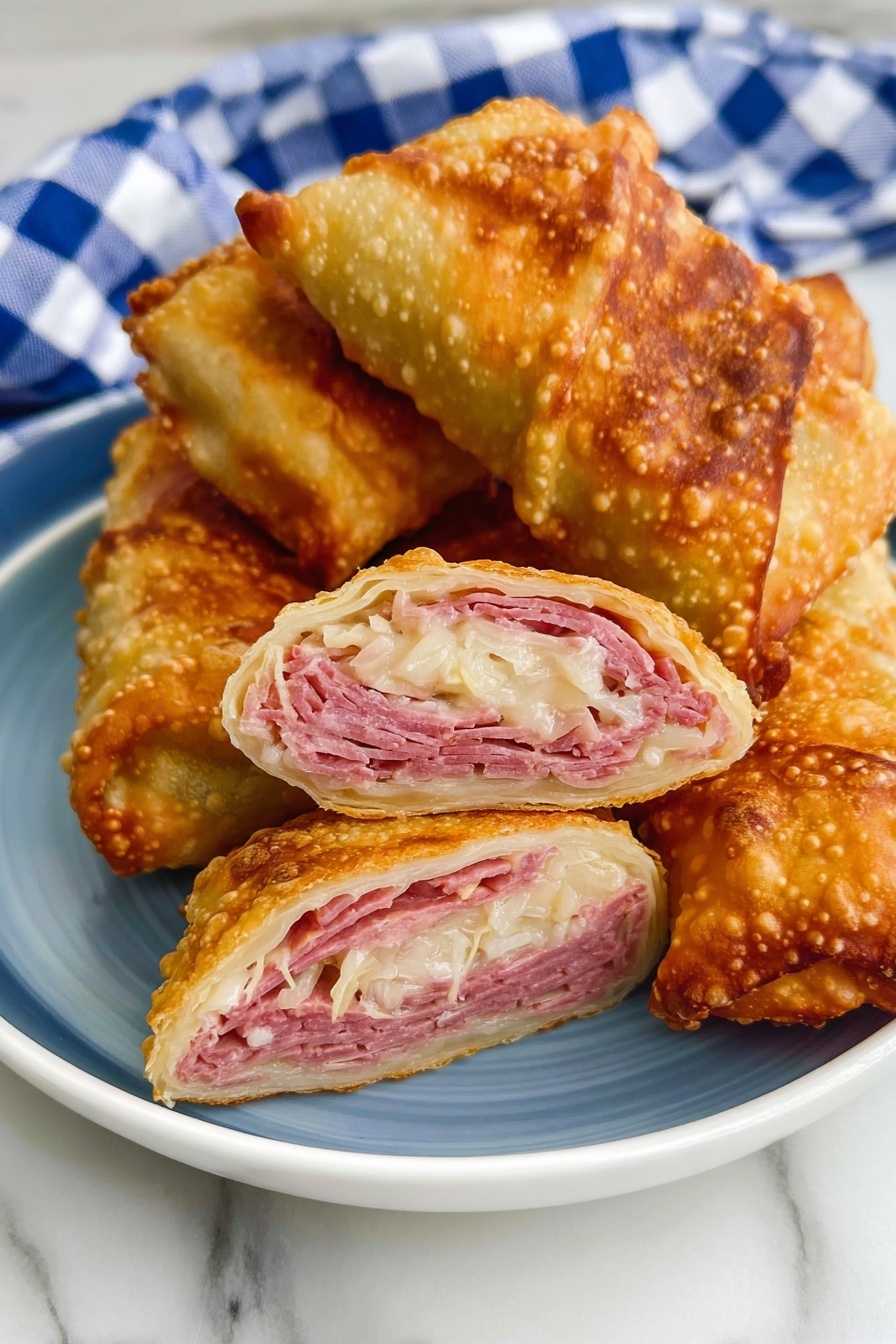 The image shows a white plate with a blue inner surface, holding five golden-brown baked pockets. One pocket is opened and held above a small bowl of light orange, creamy sauce, showing layers inside: thin layers of white cabbage-like filling and pink shredded meat tightly packed. The pockets have a slightly blistered, shiny crust. The plate sits on a white marbled surface with a white and blue checkered cloth in the background. photo taken with an iphone --ar 2:3 --v 7