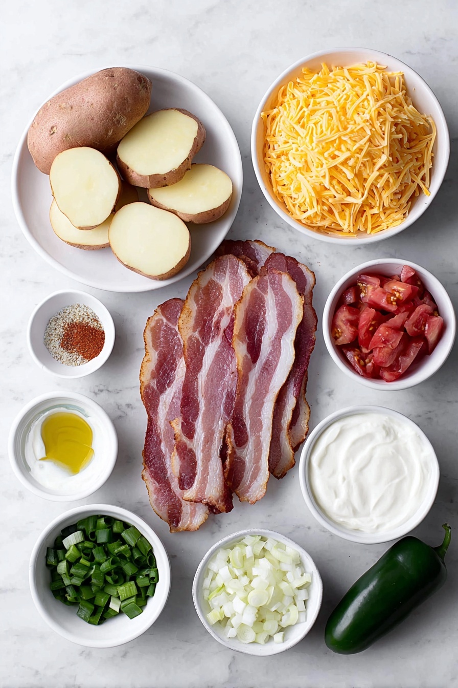 Flat lay of large russet potatoes sliced into thin rounds on a simple white ceramic plate, a small white bowl of extra virgin olive oil, a small white bowl containing mixed kosher salt, paprika, garlic powder, and black pepper, a pile of bright shredded sharp cheddar cheese on a white ceramic dish, crispy thick-cut bacon slices arranged neatly on a white plate, a fresh green jalapeno pepper diced in a small white bowl, diced ripe Roma tomatoes in a small white bowl, a dollop of creamy sour cream in a small white bowl, a small mound of diced shallot on a white ceramic dish, and chopped green onions displayed in a small white bowl, all ingredients fresh and natural, perfectly balanced symmetrical composition placed on a clean white marble surface, soft natural light, photo taken with an iPhone, professional food photography style, fresh ingredients, white ceramic bowls, no bottles, no duplicates, no utensils, no packaging --ar 2:3 --v 7 --p m7354615311229779997