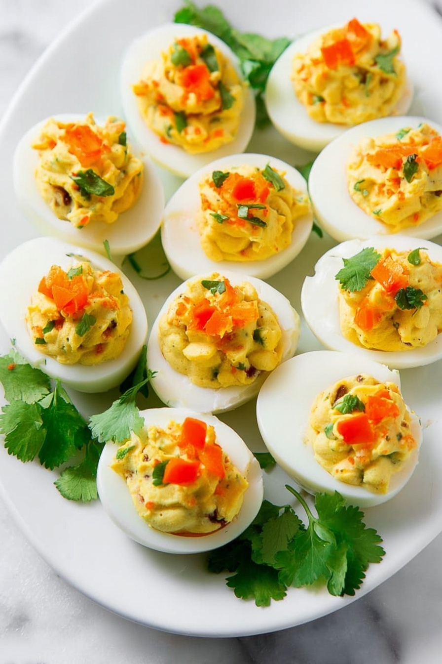 The image shows a white plate with about a dozen deviled eggs arranged closely. Each egg is halved with a smooth, firm white outer layer and a yellow filling in the center that has small bits of darker ingredients mixed in. The yellow filling is topped with small pieces of bright orange garnish and fresh green cilantro leaves. Some cilantro leaves are placed on the plate near the eggs. The plate is set on a white marbled textured surface. photo taken with an iphone --ar 2:3 --v 7