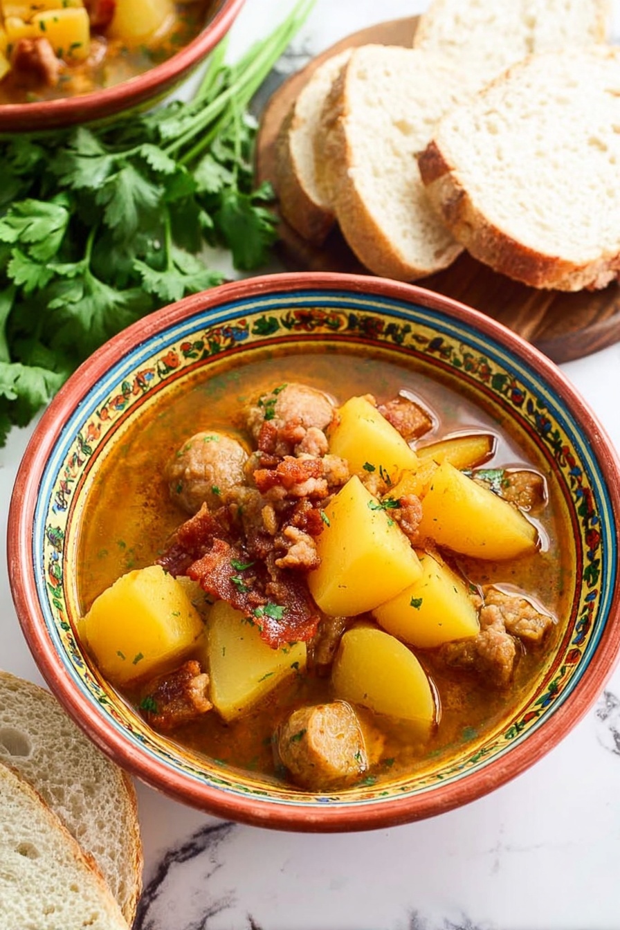 A white round pot is shown in four stages of cooking. In the first stage, the pot is filled with raw pieces of sausage, light pink with some brown parts. In the second stage, chunks of yellow potatoes and sliced orange carrots are added on top of the sausage, bright and fresh. In the third stage, the pot contains sausage slices, potatoes, and carrots mixed and partly cooked in a light broth, showing soft textures and a slightly glossy look. In the final stage, the dish is fully cooked, with the sausage browned, potatoes and carrots soft, all mixed in a thick brown sauce with green herbs sprinkled on top. The pot sits on a white marbled surface. Photo taken with an iphone --ar 2:3 --v 7