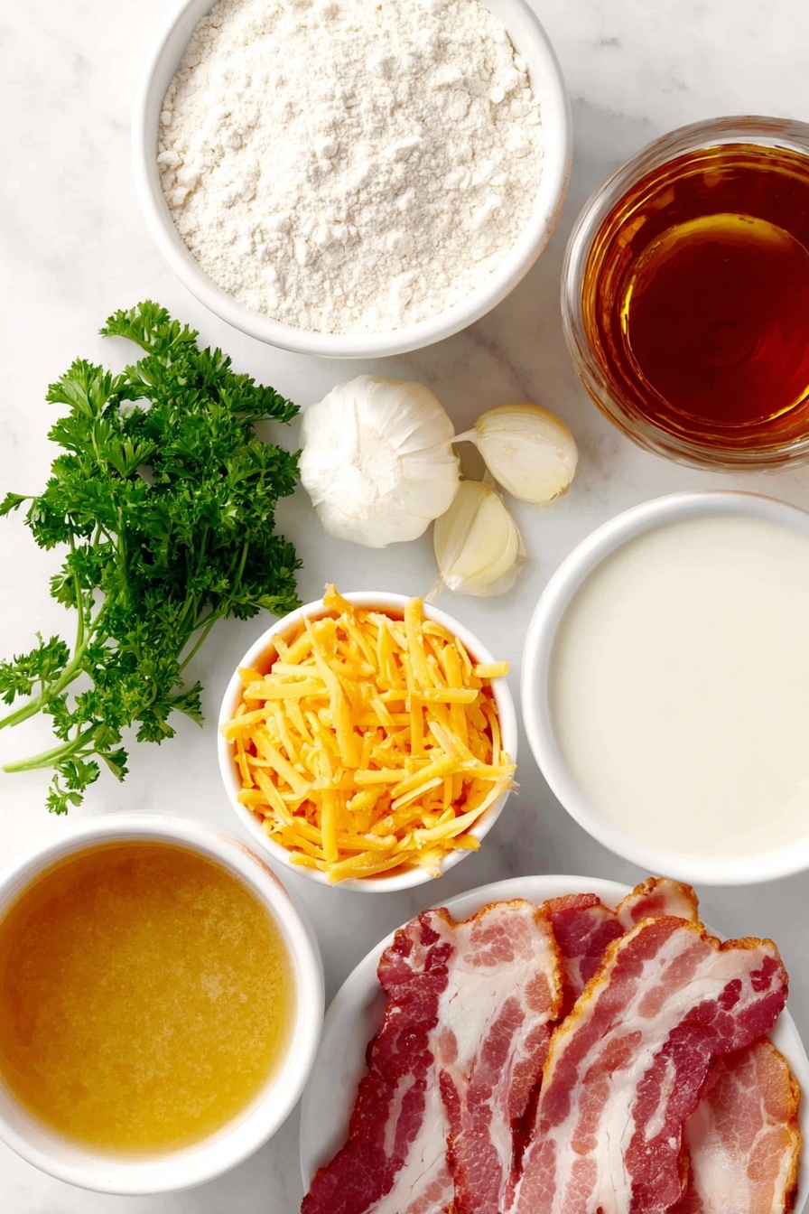 Flat lay of six slices of crispy chopped bacon, one large peeled yellow onion chopped into chunks, three cloves of fresh unpeeled garlic, a small white ceramic bowl filled with a fine pile of all-purpose flour, a small white ceramic bowl containing pale golden chicken broth, a small white ceramic bowl of creamy milk, a cold glass of amber lager beer with a foamy head, a small pile of shredded sharp cheddar cheese with rich orange color, a small pinch of coarse salt crystals, a small pinch of freshly ground black pepper, and a few bright green sprigs of fresh parsley placed on a clean white marble surface, soft natural light, photo taken with an iPhone, professional food photography style, fresh ingredients, white ceramic bowls, no bottles, no duplicates, no utensils, no packaging --ar 2:3 --v 7 --p m7354615311229779997