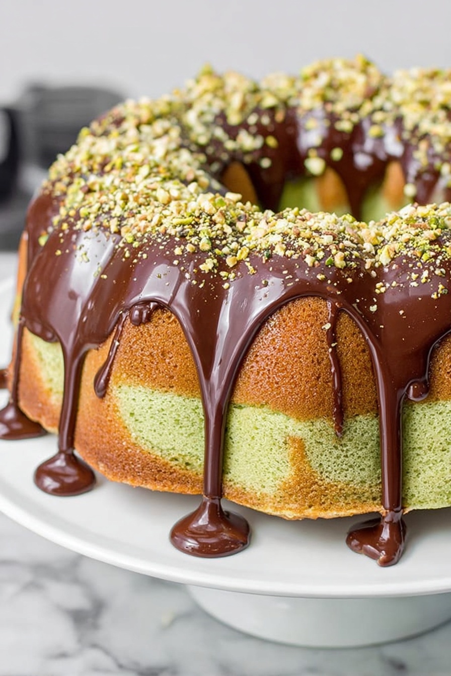 A bundt cake sits on a white plate with a white marbled surface background. The cake has two visible layers: the bottom layer is light green, and the top layer is light brown. Thick, smooth dark chocolate glaze pours down from the top of the cake in even streams, covering parts of the sides. The top of the cake is sprinkled with crushed nuts that vary in small bits and light tan to greenish colors. The texture of the cake looks soft and spongy, and the glaze is shiny and rich. Photo taken with an iphone --ar 2:3 --v 7