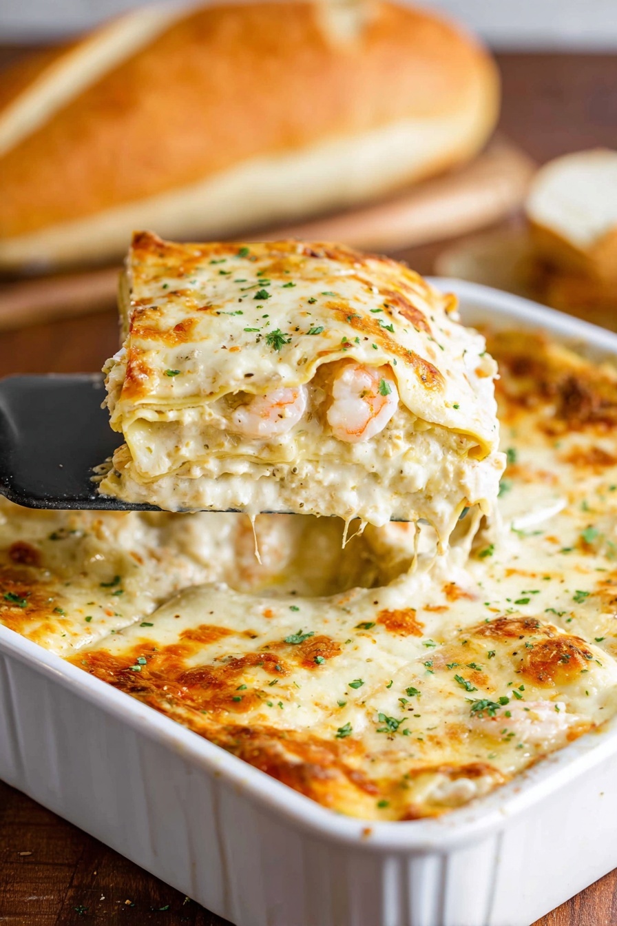 A white baking dish holds a creamy, cheesy lasagna with about four visible layers of pasta sheets and thick white sauce mixed with cheese. The top layer is golden brown with melted cheese bubbling and lightly browned spots, sprinkled with small green herb bits. A silver serving spatula lifts a square piece, showing the soft layers and melted cheese stretching slightly. In the background, there is a loaf of bread resting on a white marbled surface. Photo taken with an iphone --ar 2:3 --v 7
