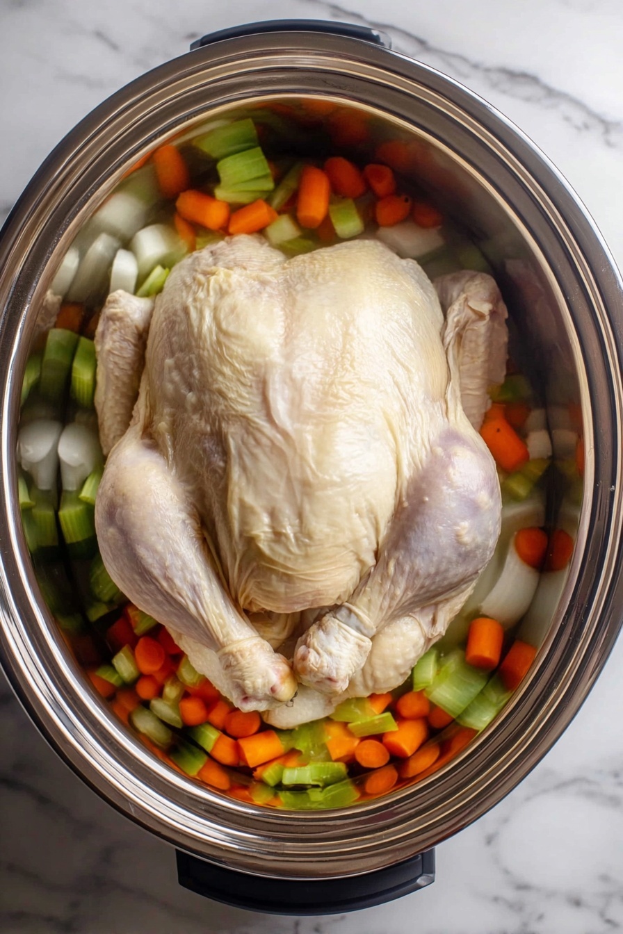 A white plate with a layered dish starting with a bottom layer of chunky yellow stuffing mixed with small pieces of orange and green vegetables, showing a soft texture; on top, several thin slices of light beige meat arranged neatly; the meat is covered with a smooth, thick brown gravy drizzled evenly; bright green chopped herbs are sprinkled over the entire dish. The plate sits on a white marbled surface with a green and white patterned cloth partly visible in the background, and some green plants blurred in the distance. Photo taken with an iphone --ar 2:3 --v 7