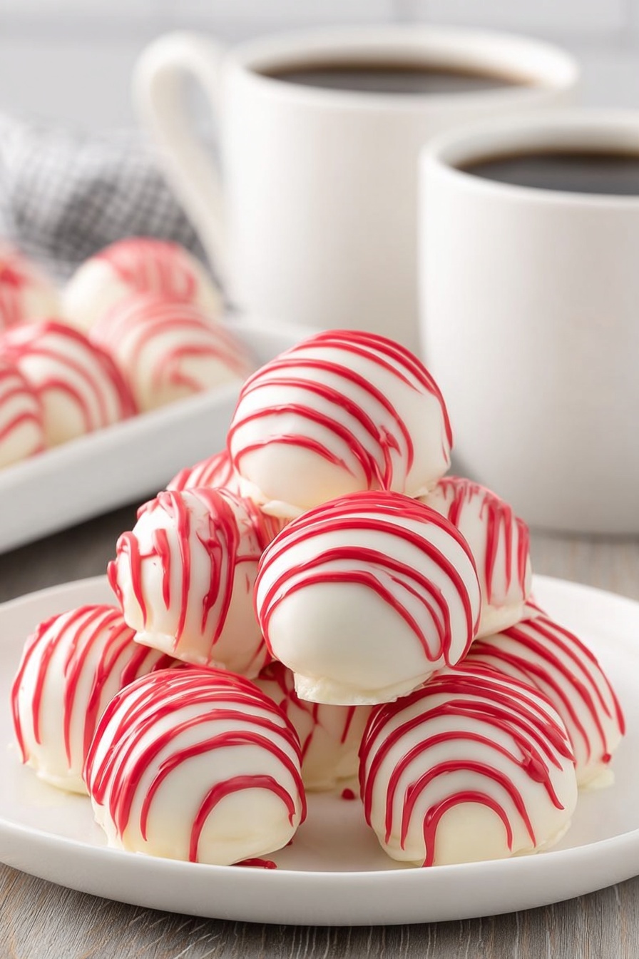 A white plate holds a stack of seven smooth, round white balls, each decorated with bright red lines drizzled over the top and sides. The balls are shiny and smooth, giving a polished look. In the background, there are two white mugs with black coffee inside, along with a white tray holding more of the same round balls with red drizzle. The entire scene is set on a wood texture surface with a soft, out-of-focus light background. photo taken with an iphone --ar 2:3 --v 7