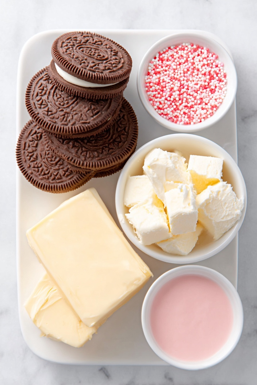Flat lay of a stack of whole golden Oreo cookies with creamy white filling visible, a block of soft cream cheese with a smooth surface, a small white bowl filled with vibrant pink liquid food coloring, a small white bowl containing smooth vanilla candy coating, and a neat pile of colorful Valentine’s sprinkles scattered beside the bowls, all arranged symmetrically on a simple white ceramic plate and bowls, placed on a clean white marble surface, soft natural light, photo taken with an iPhone, professional food photography style, fresh ingredients, white ceramic bowls, no bottles, no duplicates, no utensils, no packaging --ar 2:3 --v 7 --p m7354615311229779997