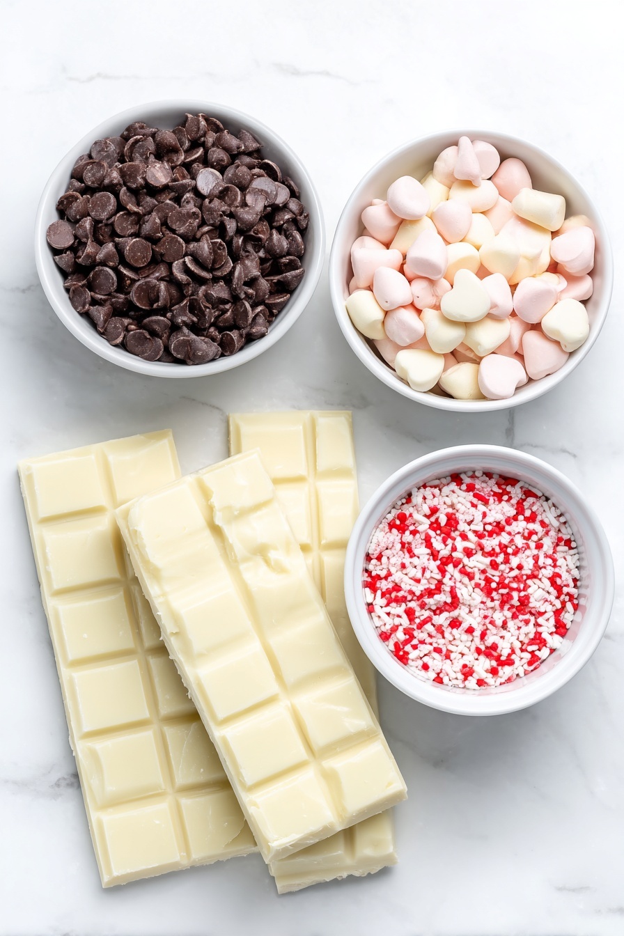 Flat lay of a small mound of glossy dark chocolate chips, three smooth white chocolate baking bars stacked neatly, a small white ceramic bowl filled with shiny pink candy melts, a simple white ceramic bowl containing an assortment of colorful Valentine’s Day candy pieces, and a white ceramic bowl with vibrant red and pink Valentine’s Day sprinkles, all arranged symmetrically with perfect balance, placed on a clean white marble surface, soft natural light, photo taken with an iPhone, professional food photography style, fresh ingredients, white ceramic bowls, no bottles, no duplicates, no utensils, no packaging --ar 2:3 --v 7 --p m7354615311229779997