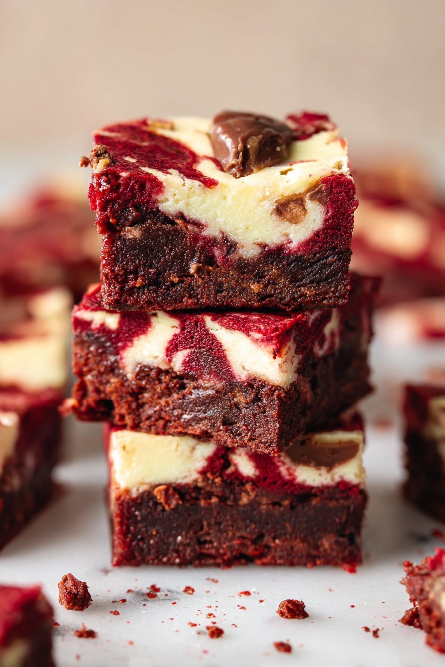 The image shows a square baking pan lined with white paper, filled with a dessert base of deep red color. On top, there are ten thick stripes alternating between two creamy layers: one dark brown and smooth, and the other off-white and also smooth. These stripes run diagonally across the pan from top right to bottom left, with clean edges and a soft, pipe-like texture. The pan sits on a white marbled surface. Photo taken with an iphone --ar 2:3 --v 7