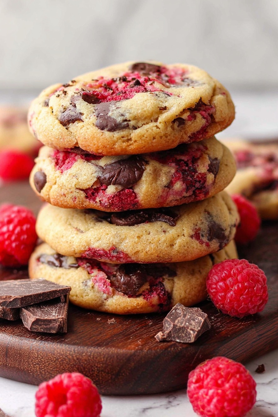 A stack of four thick, round cookies sits on a dark wooden board with pieces of dark chocolate and fresh red raspberries scattered around. Each cookie has a light golden brown color with red spots from raspberries and dark patches of melted chocolate chips. The cookies look soft and slightly crinkled on the top with visible fruit and chocolate mixed inside. The background is a white marbled texture. Photo taken with an iphone --ar 2:3 --v 7