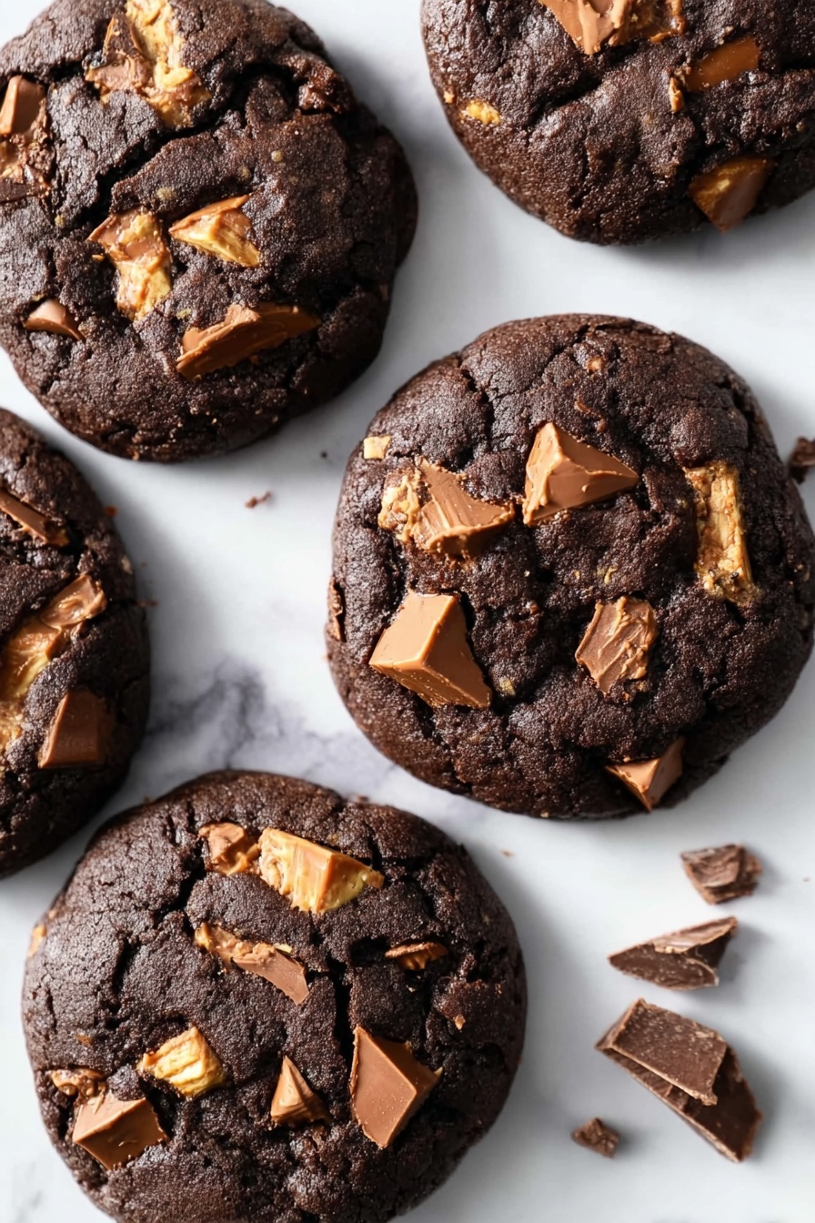 The image shows five dark chocolate cookies spread out on a white marbled surface. Each cookie is thick with a slightly cracked, soft texture, and embedded with irregular, chunky pieces of milk and light caramel-colored chocolate on top and within. The cookies appear rich and dense, with the chocolate pieces giving a mix of smooth and slightly rough textures. There are a few broken bits of chocolate on the surface near the cookies, adding a casual feel to the arrangement. photo taken with an iphone --ar 2:3 --v 7
