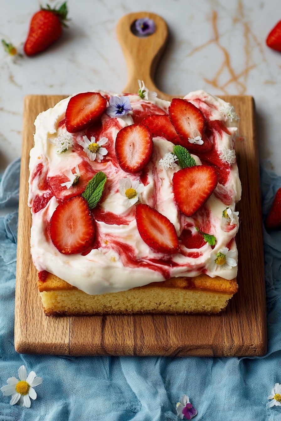 A square cake sits on a wooden board with two main layers visible: the bottom layer is golden-brown cake with a soft texture, and the top layer is thick white cream spread unevenly. Red strawberry sauce is swirled on the cream, creating a marbled look. Fresh strawberry slices are placed on top, mainly in the middle and spread out toward the edges. Small white edible flowers and green mint leaves are scattered randomly over the cream, adding color contrast. The wooden board rests on a crumpled blue cloth, and the background is a white marbled texture. Photo taken with an iphone --ar 2:3 --v 7
