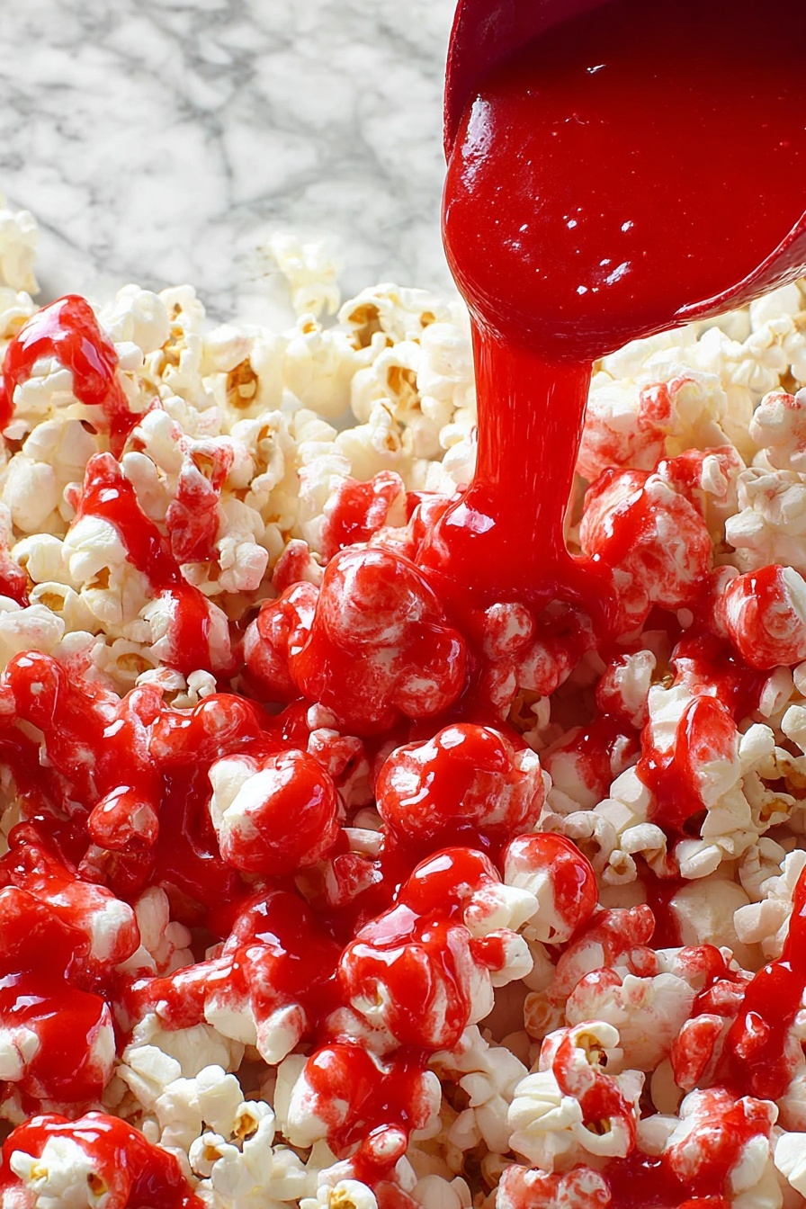 A close-up view of freshly popped white popcorn being covered with a thick, bright red sauce that is poured from a red ladle. The popcorn fills the bottom layer, with the red sauce flowing generously over it, creating a shiny and smooth texture contrast against the fluffy popcorn. The background features a white marbled texture that softly reflects light. Photo taken with an iphone --ar 2:3 --v 7