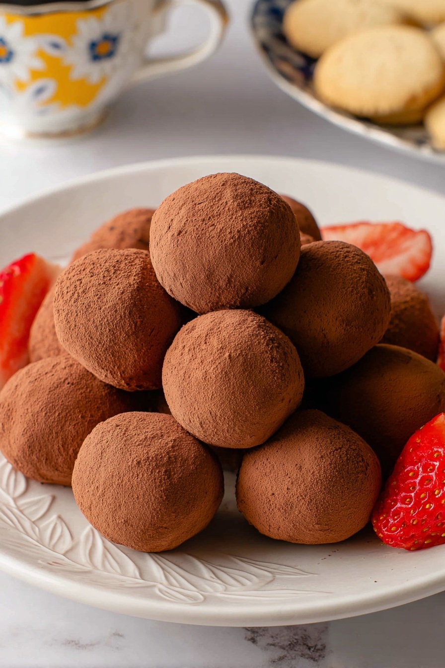 A white plate with a leaf pattern edge holds a pile of round chocolate balls, each covered in a light layer of cocoa powder giving a soft brown dusty texture. The balls are arranged in three or four layers, closely packed in the center, showing their slightly uneven but smooth surfaces. Around the chocolate balls are a few fresh bright red strawberry quarters, adding a splash of color. In the background, a white marbled surface is visible along with the lower part of a white cup with yellow and blue patterns and some soft beige cookies. photo taken with an iphone --ar 2:3 --v 7