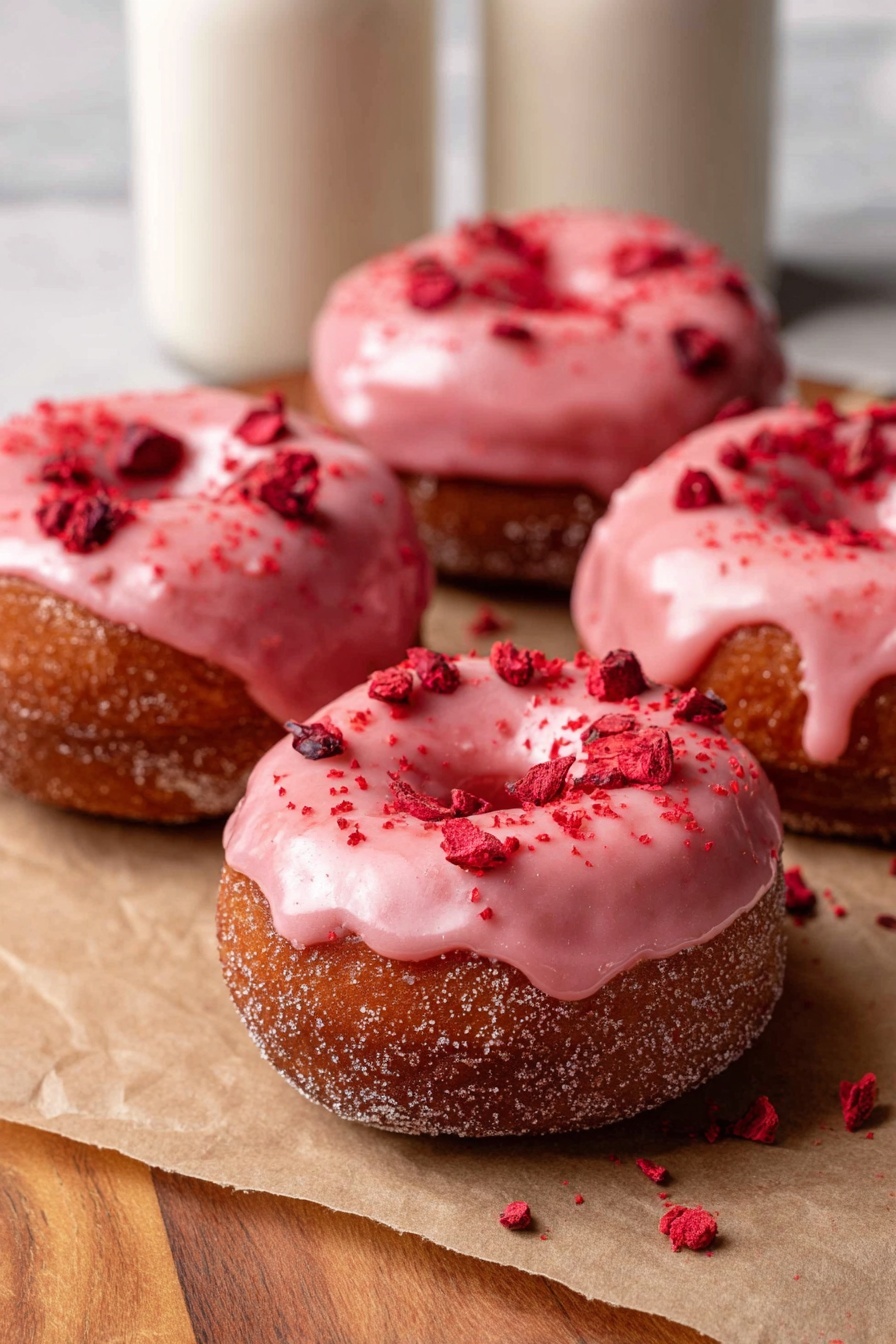 The image shows four round doughnuts with a rough, sugar-coated brown base layer. Each doughnut is topped with a thick, shiny pink glaze that drips slightly over the sides. On top of the glaze, there are small pieces of red freeze-dried fruit scattered unevenly. The doughnuts sit on a light brown paper on a wooden table, and two white glass bottles are blurred in the background. The surface is changed to a white marbled texture. photo taken with an iphone --ar 2:3 --v 7