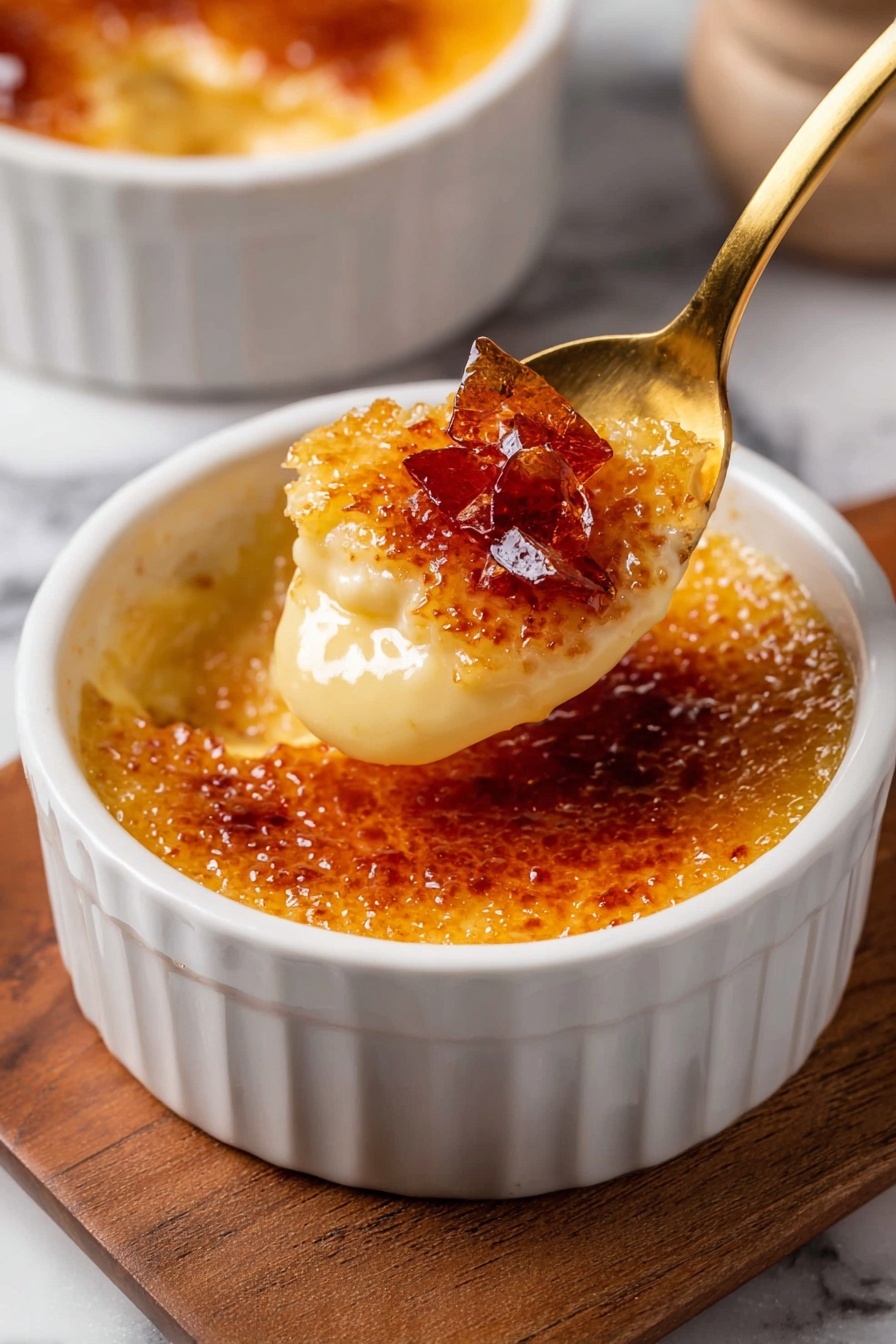 The image shows a white ramekin filled with crème brûlée. The dessert has a shiny, caramelized brown sugar crust as the top layer that is cracked open revealing a smooth and creamy pale yellow custard underneath. A golden spoon is lifting a portion of the custard with crispy caramel shards on top. The ramekin is placed on a wooden board with a white marbled surface visible around it. In the background, there is another white ramekin of crème brûlée slightly out of focus. photo taken with an iphone --ar 2:3 --v 7