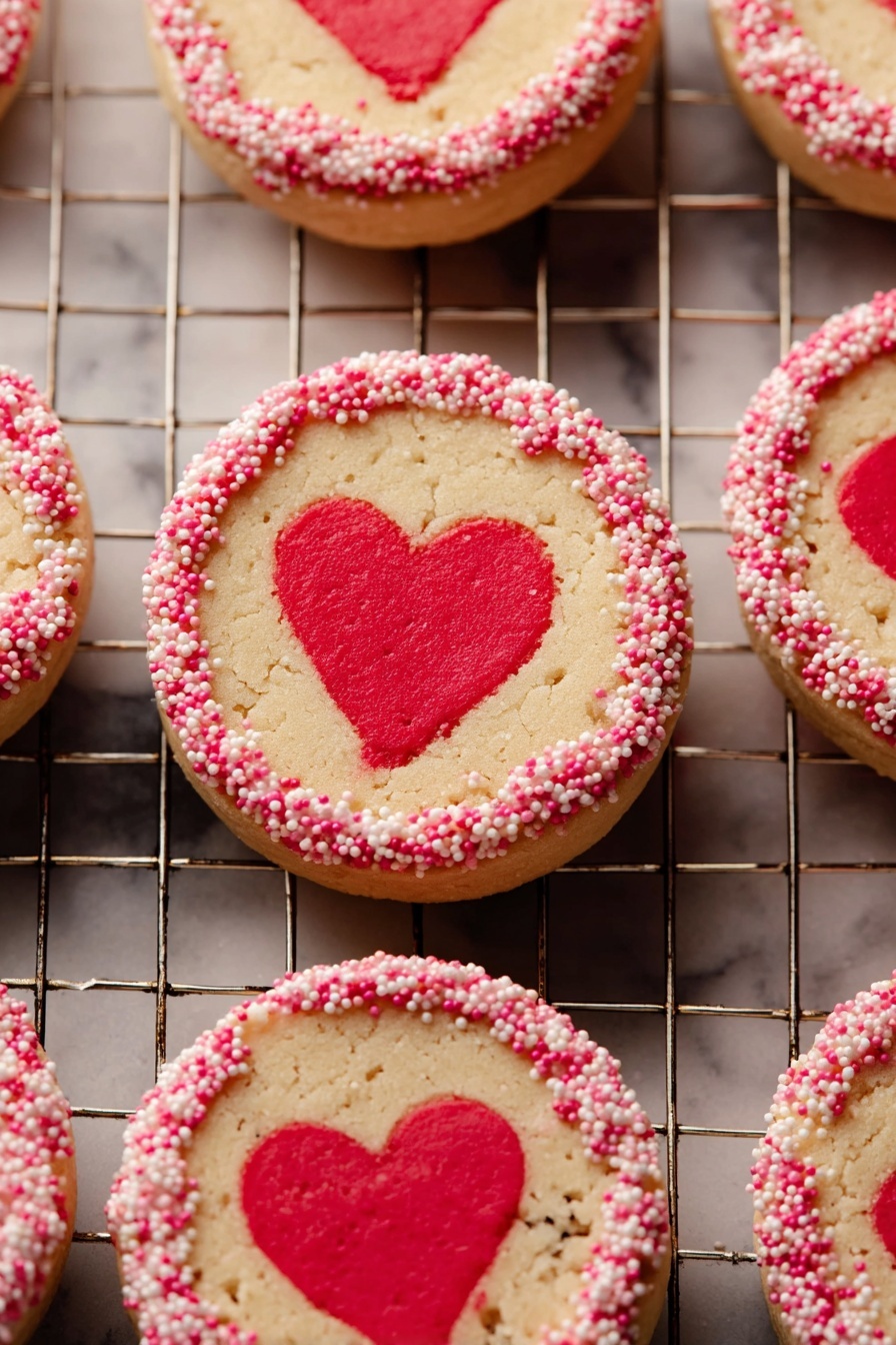 The image shows several round cookies arranged on a metal cooling rack over a white marbled surface. Each cookie has one layer with a light tan color forming the base and a smooth texture. In the center of each cookie, there is a bright red heart shape layer that stands out clearly. Around the edge of every cookie, there is a border made of small, round, pink and white sprinkles, adding a speckled texture and color contrast to the smooth cookie surface. The lighting is soft, showing a warm and inviting baked look. Photo taken with an iphone --ar 2:3 --v 7