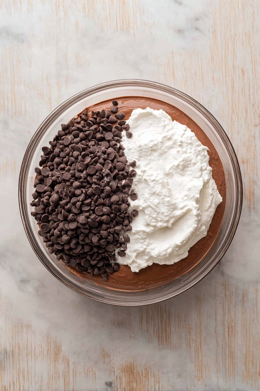 A woman's hand holding a bright red strawberry dips into a bowl filled with smooth, creamy chocolate mousse covered in small dark chocolate chips scattered on top. The mousse is thick and swirled, showing soft, velvety texture. The bowl is white and sits on a white marbled surface with extra fresh red strawberries placed beside it. The photo is close-up, focusing on the rich mousse and the fresh strawberry being dipped, highlighting the contrast between the red fruit and chocolate brown mousse. photo taken with an iphone --ar 2:3 --v 7