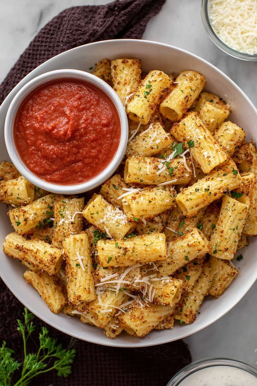 A white bowl filled with many short pasta pieces that look crispy and golden brown, sprinkled with green herbs and white grated cheese. Inside the bowl, there is a smaller white bowl on the left side containing thick red marinara sauce with a smooth texture. The bowl is placed on a white marbled surface with a dark brown cloth underneath. There are some small green herb sprigs near the bottom left corner and a white bowl with white sauce at the bottom right edge. Photo taken with an iphone --ar 2:3 --v 7