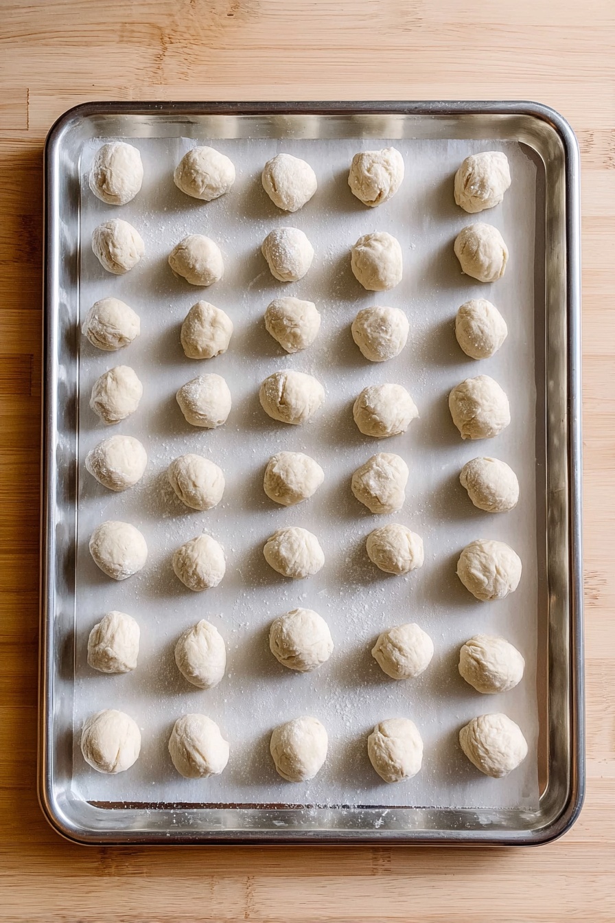 A close-up view shows a pile of small, round fried dough balls on a clear surface. Each ball is golden brown with a slightly rough texture and is covered in a layer of granulated sugar and cinnamon, giving a sparkly and powdery look. The balls are tightly packed, some showing small darker spots from frying. The background is a white marbled texture. photo taken with an iphone --ar 2:3 --v 7