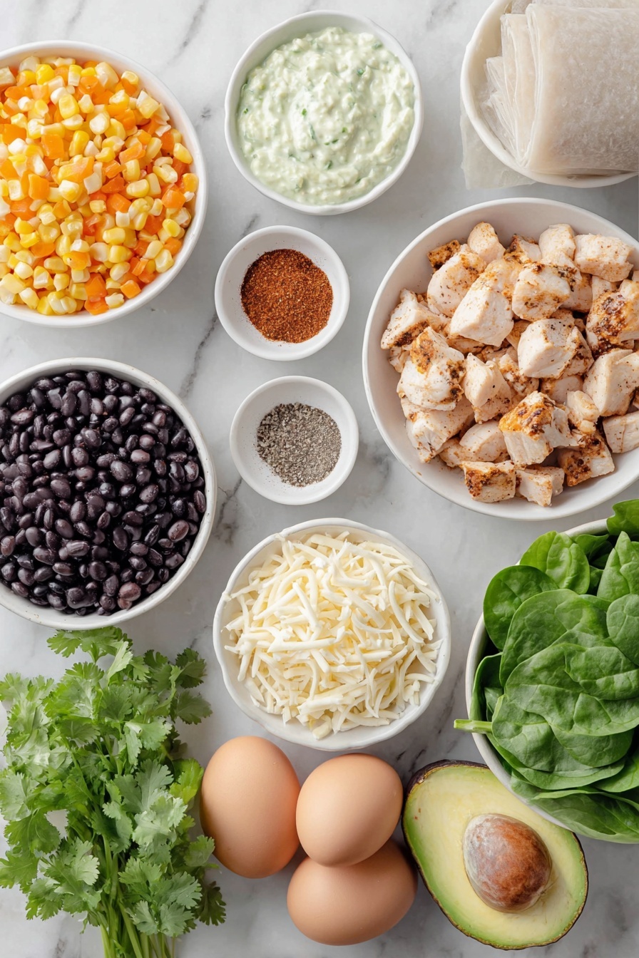 Flat lay of finely diced red bell pepper, bright yellow corn kernels, glossy black beans, sliced green onions with white and green parts, a small pile of minced jalapeno peppers with fresh seeds visible, tightly squeezed fresh spinach leaves, shredded Monterey Jack cheese in soft white shreds, cooked diced chicken breast pieces with light golden edges, a small white bowl of salt crystals, a small white bowl of chili powder in deep red, a small white bowl of ground black pepper, a small white bowl of ground cumin in warm brown, whole uncracked brown eggs with smooth shells, a neat stack of translucent square egg roll wrappers, a small white bowl of avocado ranch sauce with a creamy pale green hue garnished by a few cilantro leaves, fresh whole avocado halved showing vibrant green flesh and large seed, and a bunch of fresh cilantro leaves, all arranged symmetrically on a clean white marble surface, soft natural light, photo taken with an iPhone, professional food photography style, fresh ingredients, white ceramic bowls, no bottles, no duplicates, no utensils, no packaging --ar 2:3 --v 7 --p m7354615311229779997