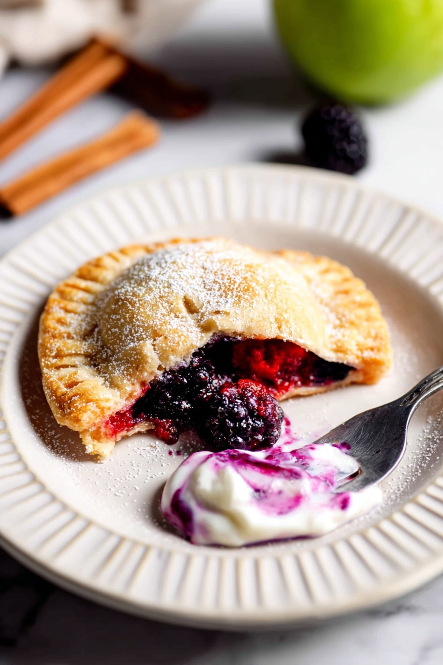 The image shows four round dough circles laid out on a baking tray lined with parchment paper, each circle filled in the center with a mix of blackberries and small apple pieces. The dough is light beige and smooth, forming the base layer. On top of it, the filling layer is dark purple blackberries mixed with reddish-brown apple chunks coated in a glossy sauce with visible spices. The tray rests on a white marbled surface, and part of a blue dish with a spoon and some fruit filling is visible at the bottom right corner, beside a folded gray cloth. photo taken with an iphone --ar 2:3 --v 7
