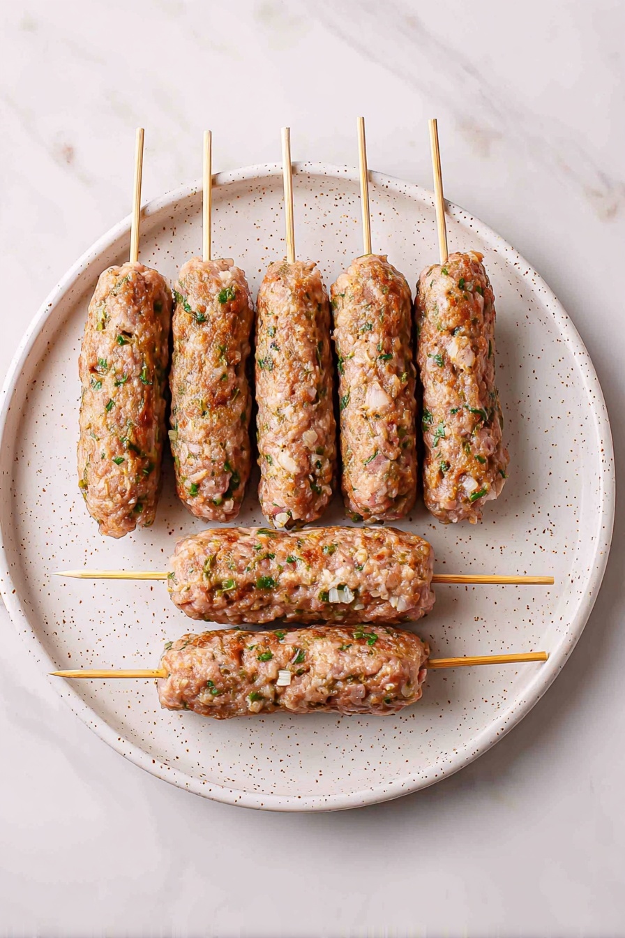 The image shows five skewers of grilled dark brown meat placed on a soft flatbread with char marks, covered with light beige creamy sauce drizzled on top. The flatbread rests on a white plate. Beside the skewers, there are slices of bright red tomatoes and thin curls of light purple onions, with fresh green herb leaves scattered over the dish. Next to the plate, on a white marbled surface, is a glass bowl filled with more of the creamy sauce. photo taken with an iphone --ar 2:3 --v 7